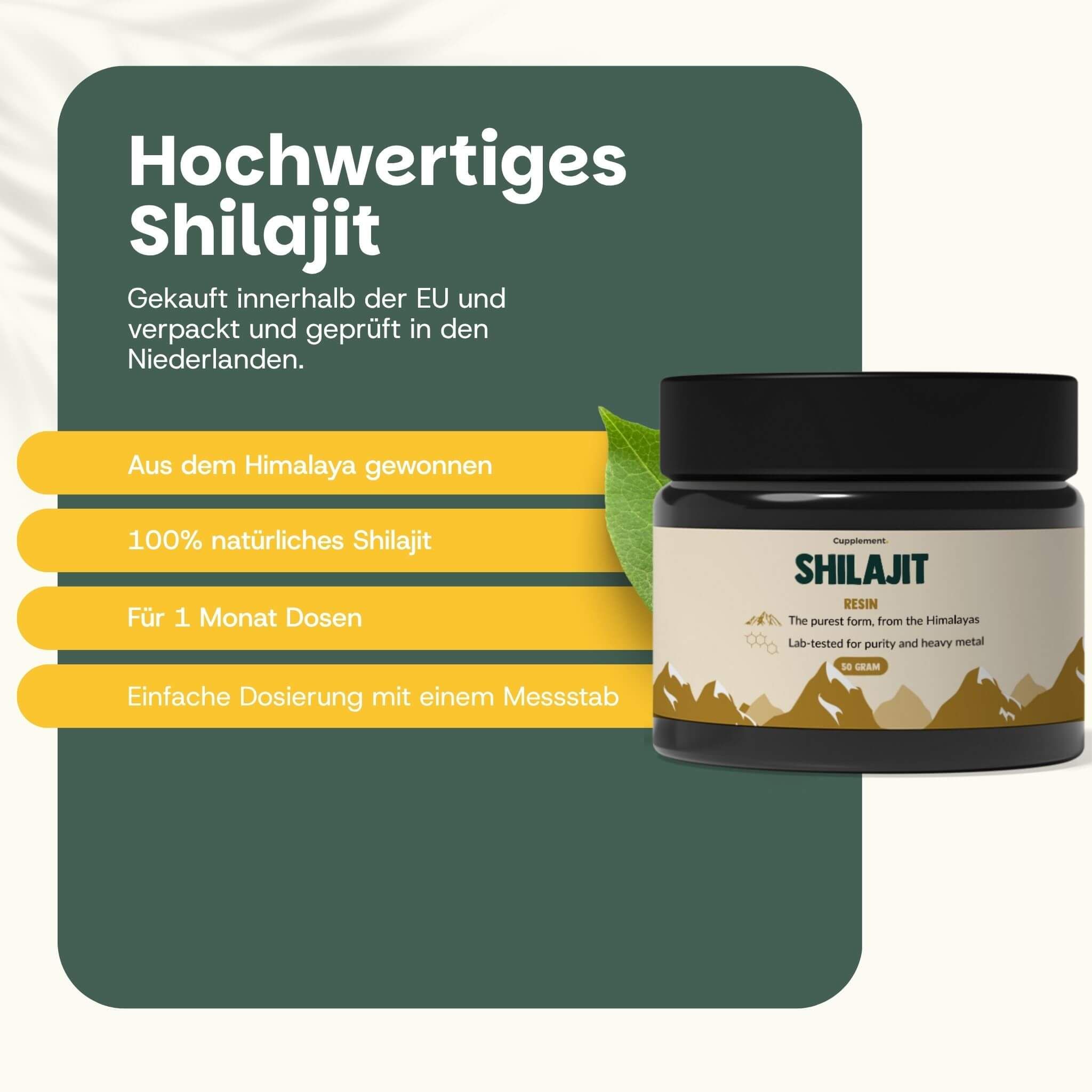 Produkt mit Etikett. Vier gelbe Balken mit Text: Aus den Himalayas, 100% natürlich, für 1 Monat Dosierungen.
