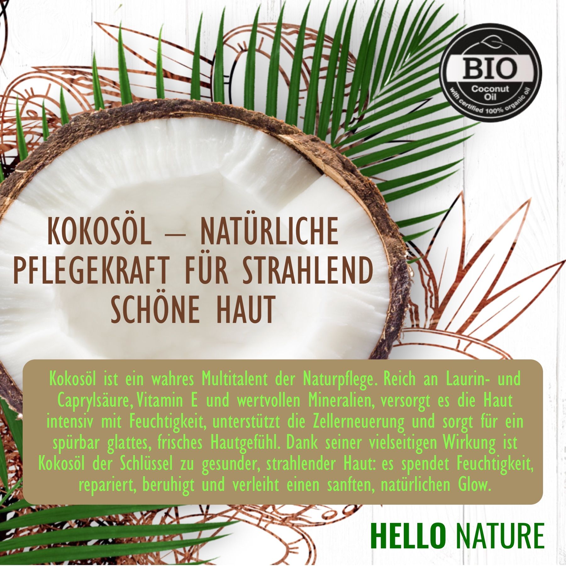 Kokosöl-Text. Logo Hello Nature. Text: Natürliche Pflegekraft für strahlend schöne Haut. Bio-Zertifizierung.