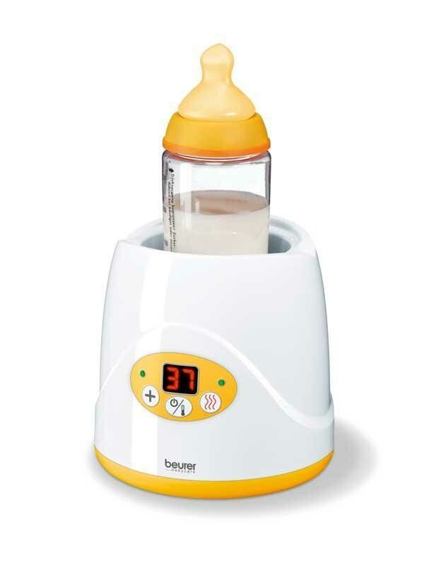 Weiß-gelber Babykost- und Flaschenwärmer mit Flasche. Digitalanzeige mit Temperatur. Marke: Beurer.