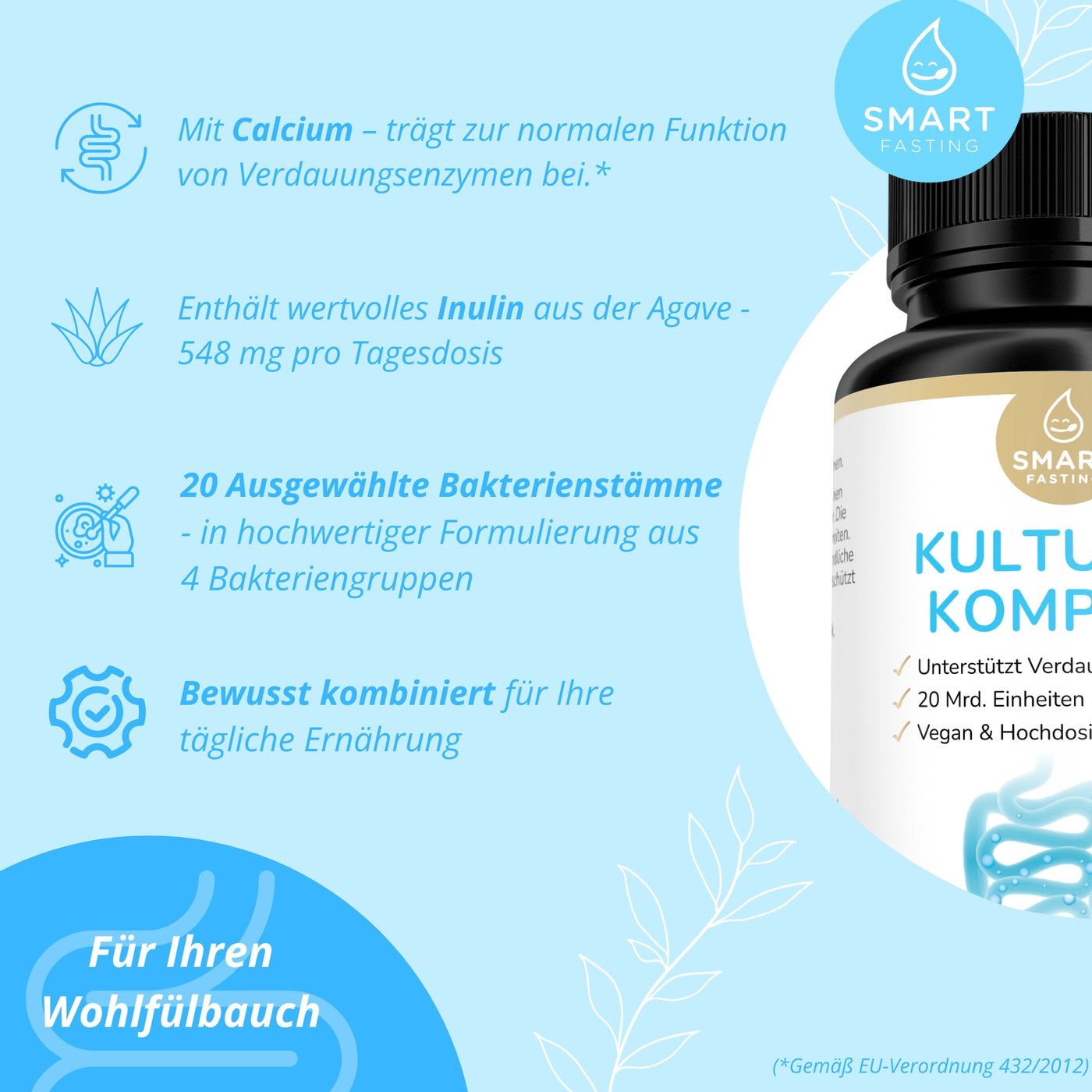 Smart Fasting® Probiotika Kulturen Komplex - vegan - 20 Bakterienstämme - mit Calcium & Inulin