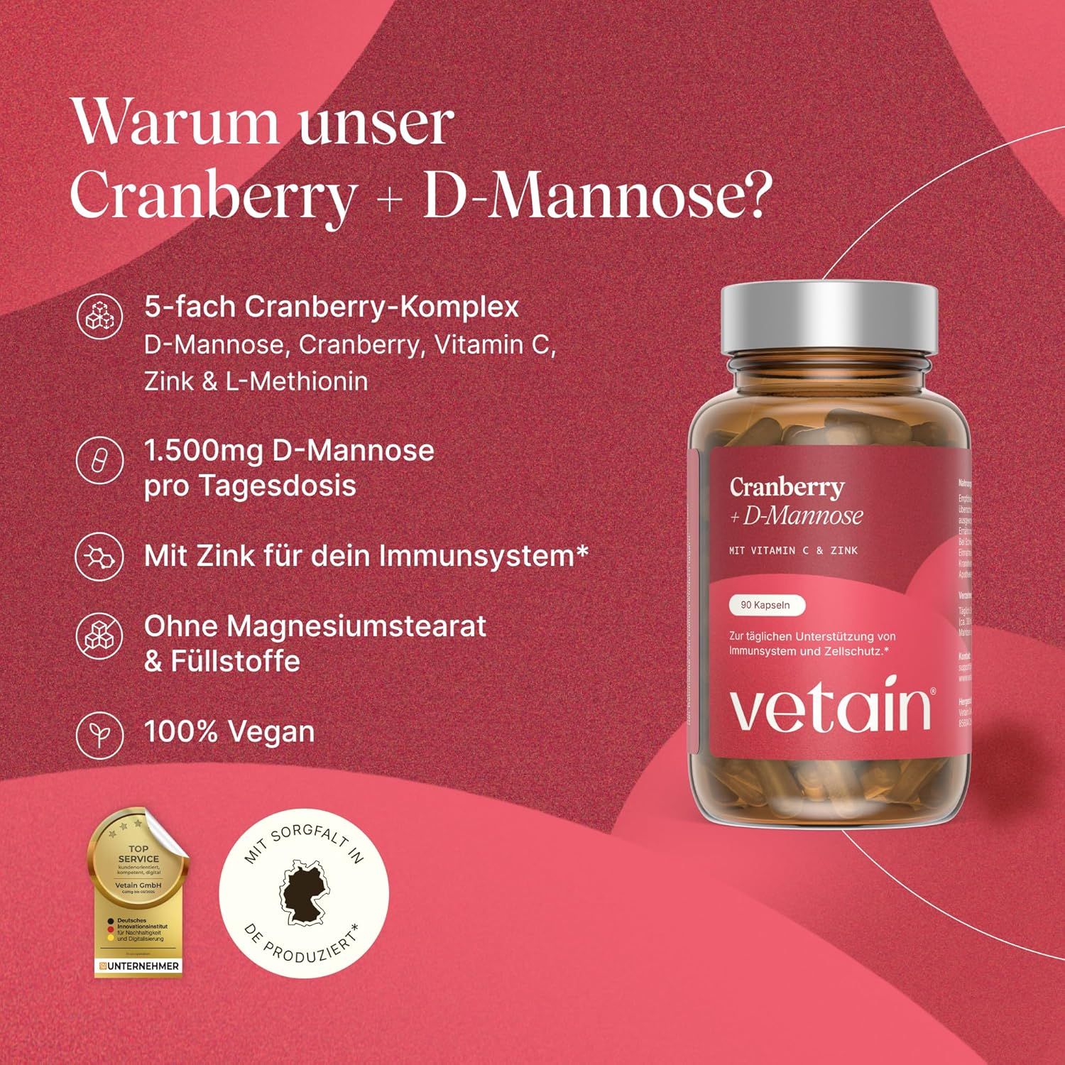 Flasche mit Cranberry + D-Mannose Kapseln. Enthält 90 Kapseln. Marke: vetain.