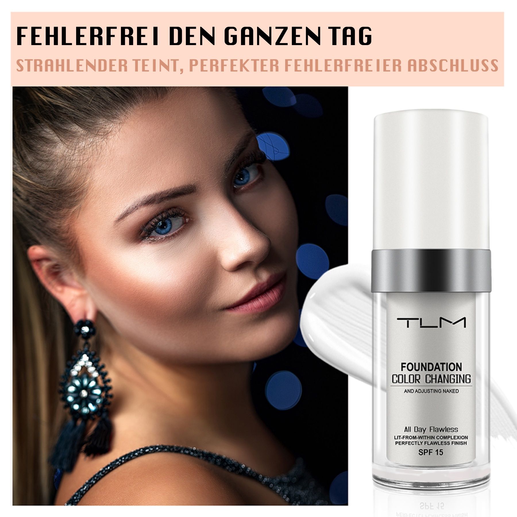 TLM Foundation Color Changing. Flasche. SPF 15. Frau mit Make-up.