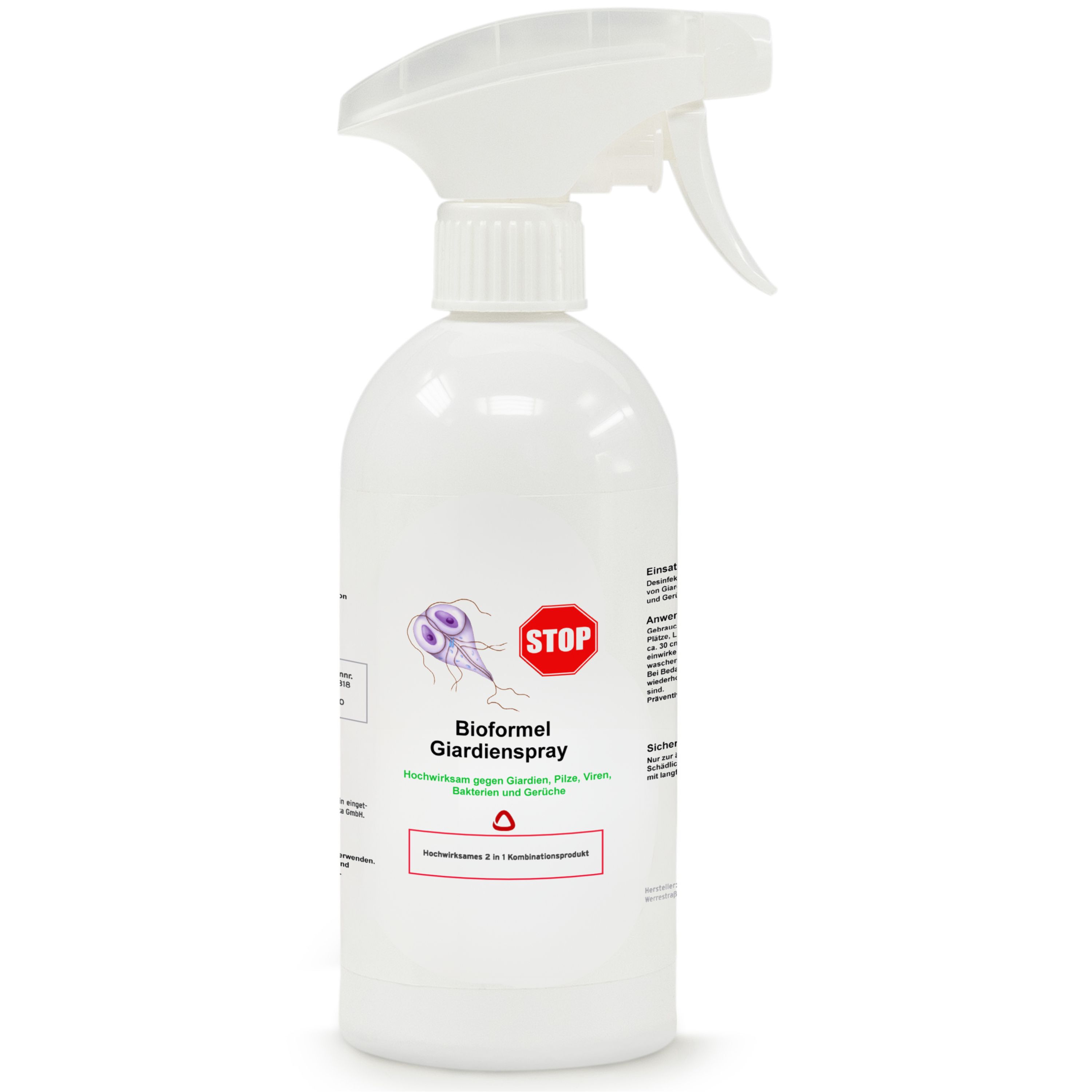 Weiße Sprühflasche mit Sprühkopf. Text: "Bioformel Giardien Spray". Etikett "STOP".