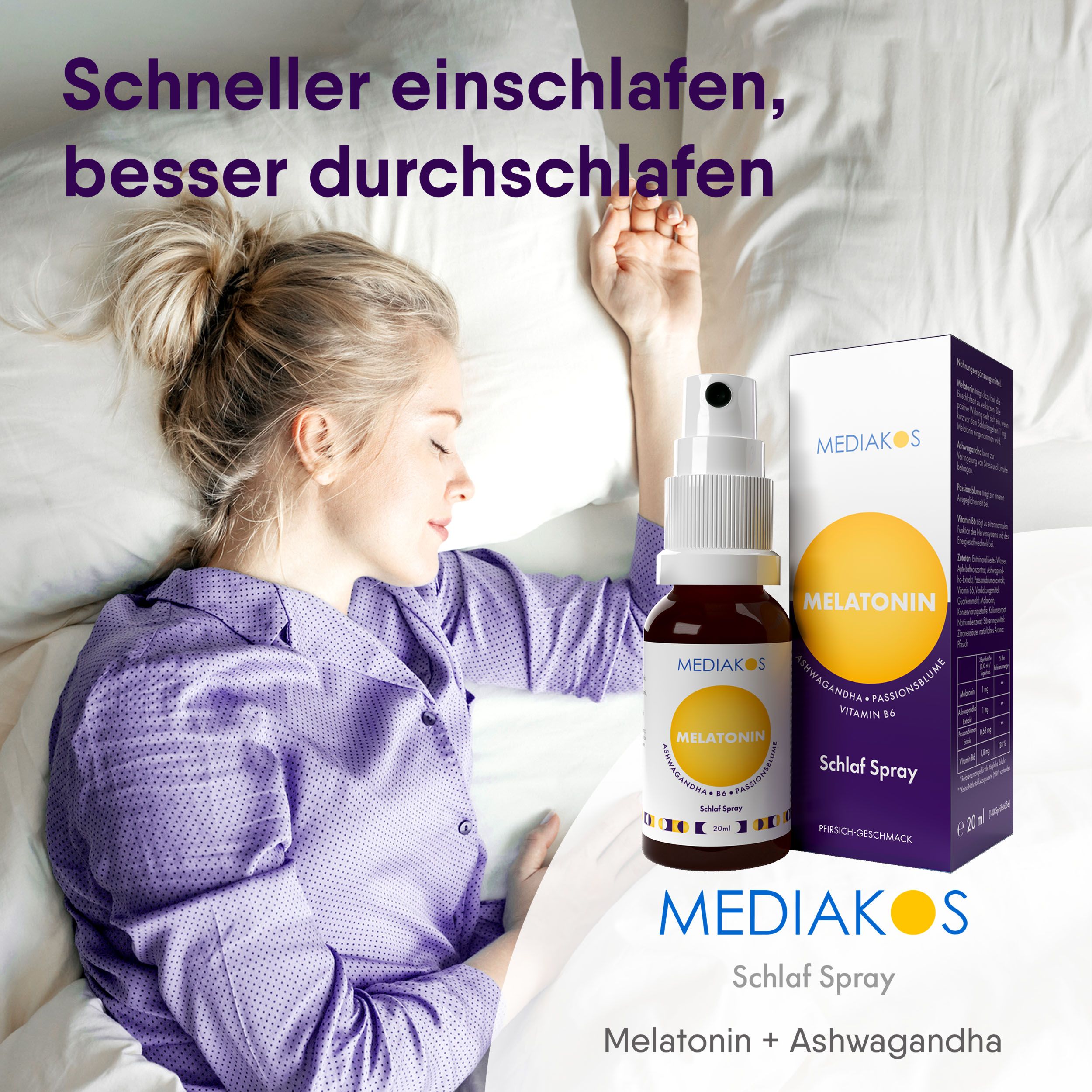Frau im Bett, neben ihr eine Sprayflasche und eine Schachtel. Auf der Schachtel steht Melatonin.