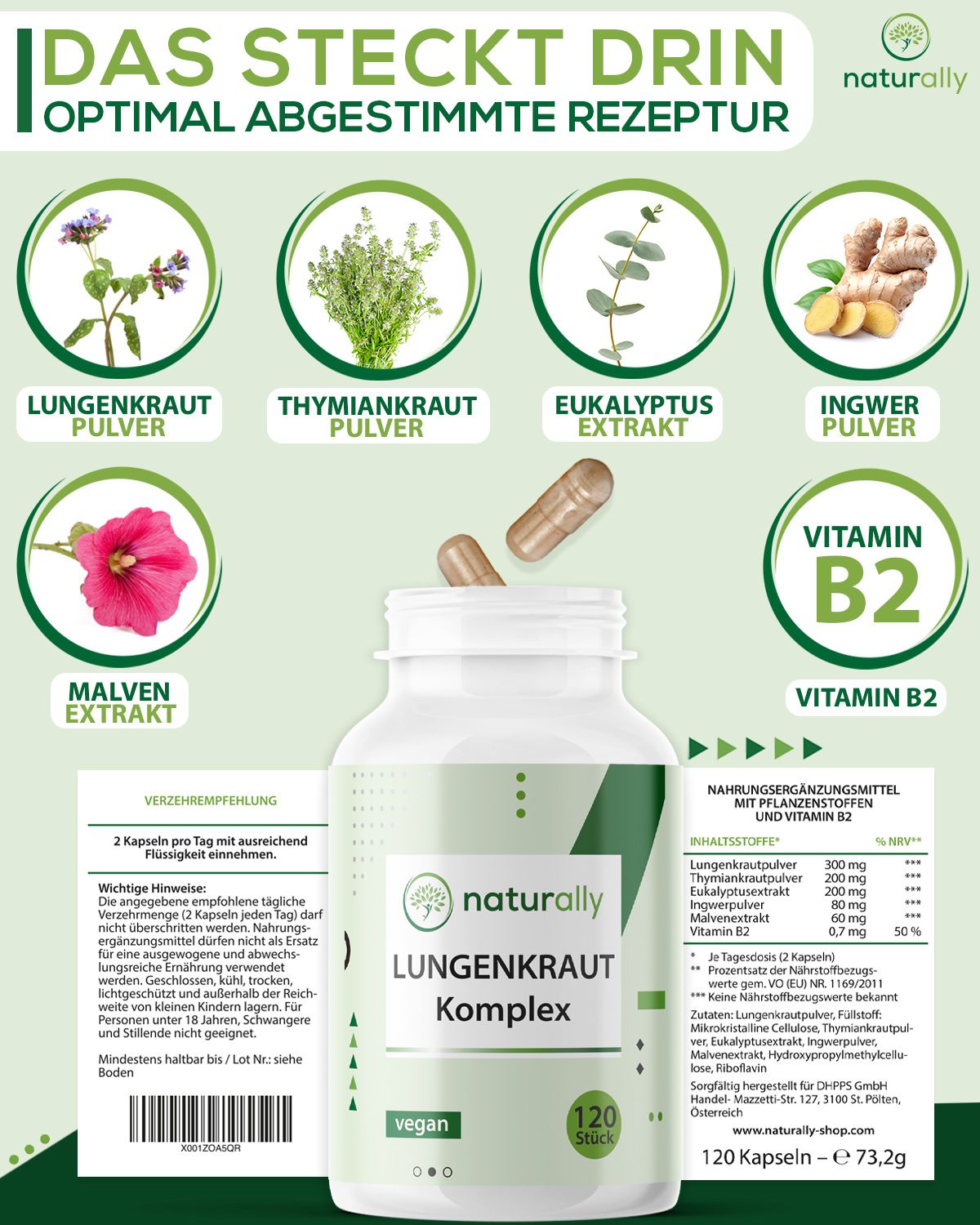 Produkt mit Zutaten. Aufschrift: naturally Lungenkraut Komplex, vegan, 120 Kapseln. Einzelne Zutaten abgebildet.