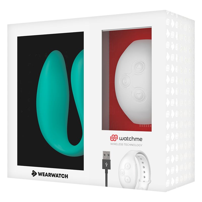 Verpackung mit Wellness-Produkt und Armbanduhr. Das Produkt ist türkisfarben. Das Logo "watchme" ist auf der Verpackung.