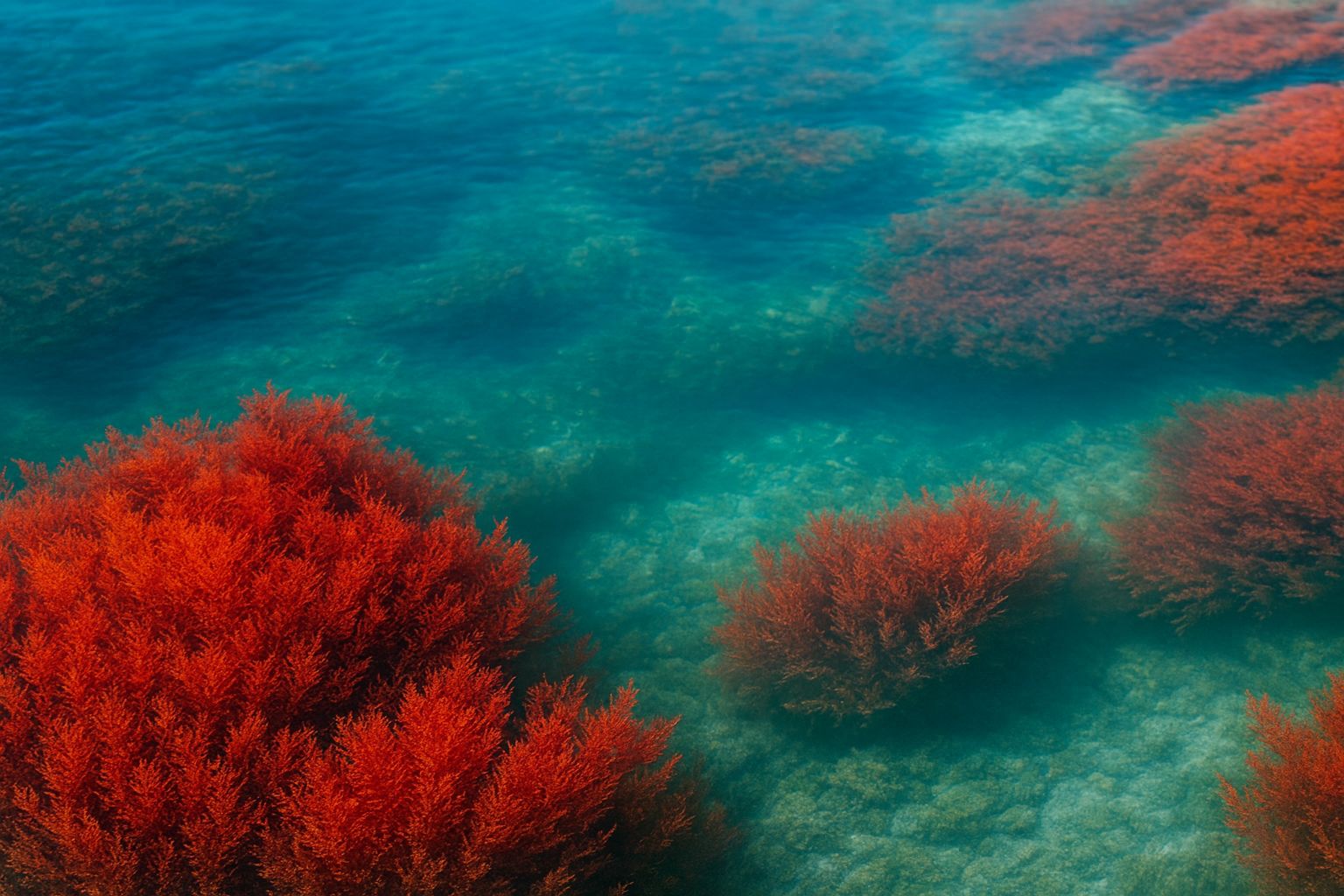 Unterwasseraufnahme von roten Algen. Klare, türkisfarbene Wasser. Rote Algen bilden Büschel am Meeresboden.