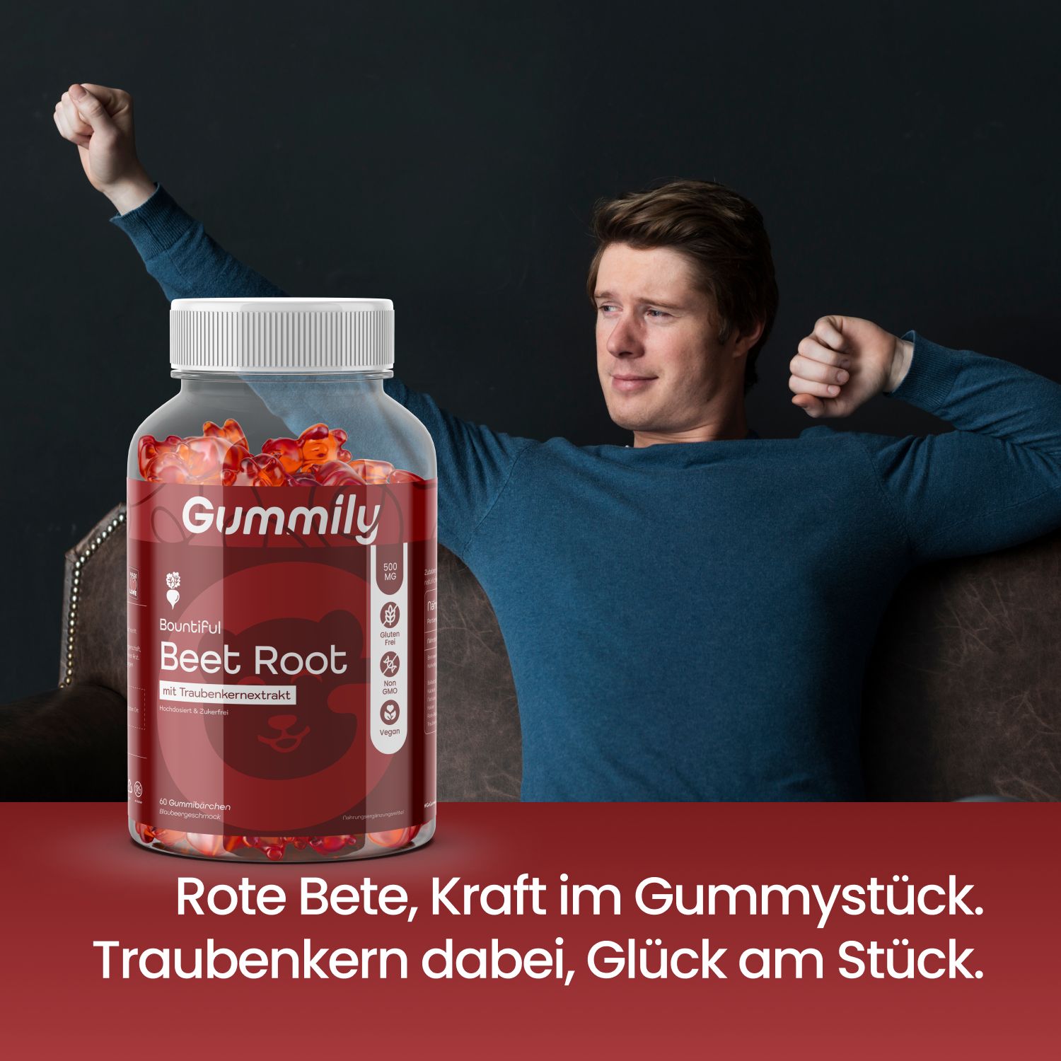 Mann mit Gummily-Flasche. Text: Rote Bete, Kraft im Gummystück. Traubenkern dabei, Glück am Stück.