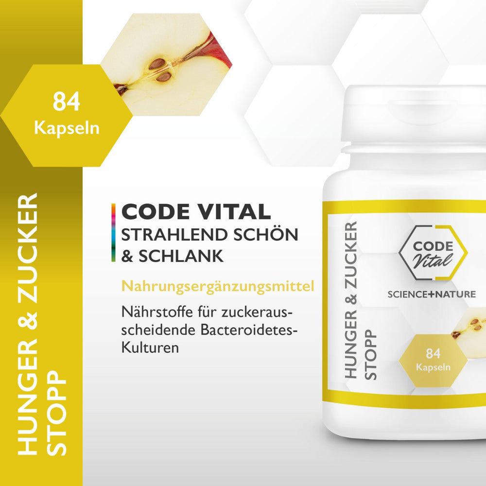 Weiße Flasche mit Kapseln. Aufschrift: CODE Vital, Hunger & Zucker Stopp. 84 Kapseln. Abbildung einer Apfelhälfte.