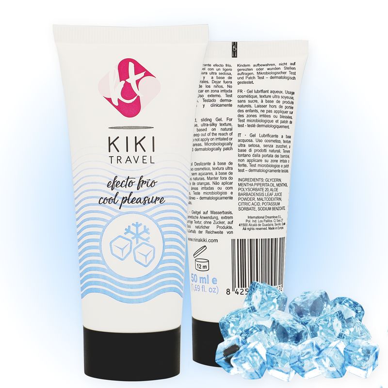 Zwei Tuben. KIKI TRAVEL Logo und Schriftzug „efecto frio cool pleasure“. Aufschrift: 50 ml. Text in mehreren Sprachen. Eiswürfel.