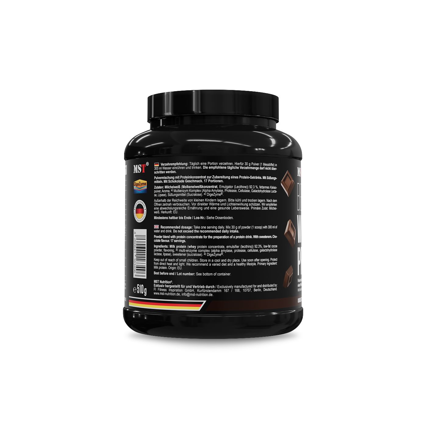 Rückseite eines schwarzen MST Best Whey Protein Behälters mit Produktinformationen und Siegeln.