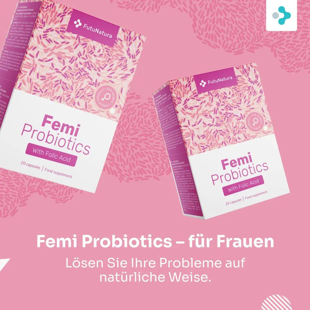 Femi Probiotics - für Frauen. Zwei Verpackungen. Text: Lösen Sie Ihre Probleme auf natürliche Weise.