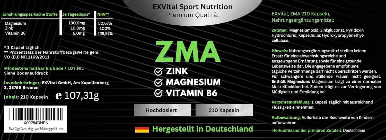 Etikett einer ZMA-Kapsel-Dose. Text: Zink, Magnesium, Vitamin B6. Hochdosiert, 210 Kapseln. Hergestellt in Deutschland. Marke: EXVital Sport Nutrition.