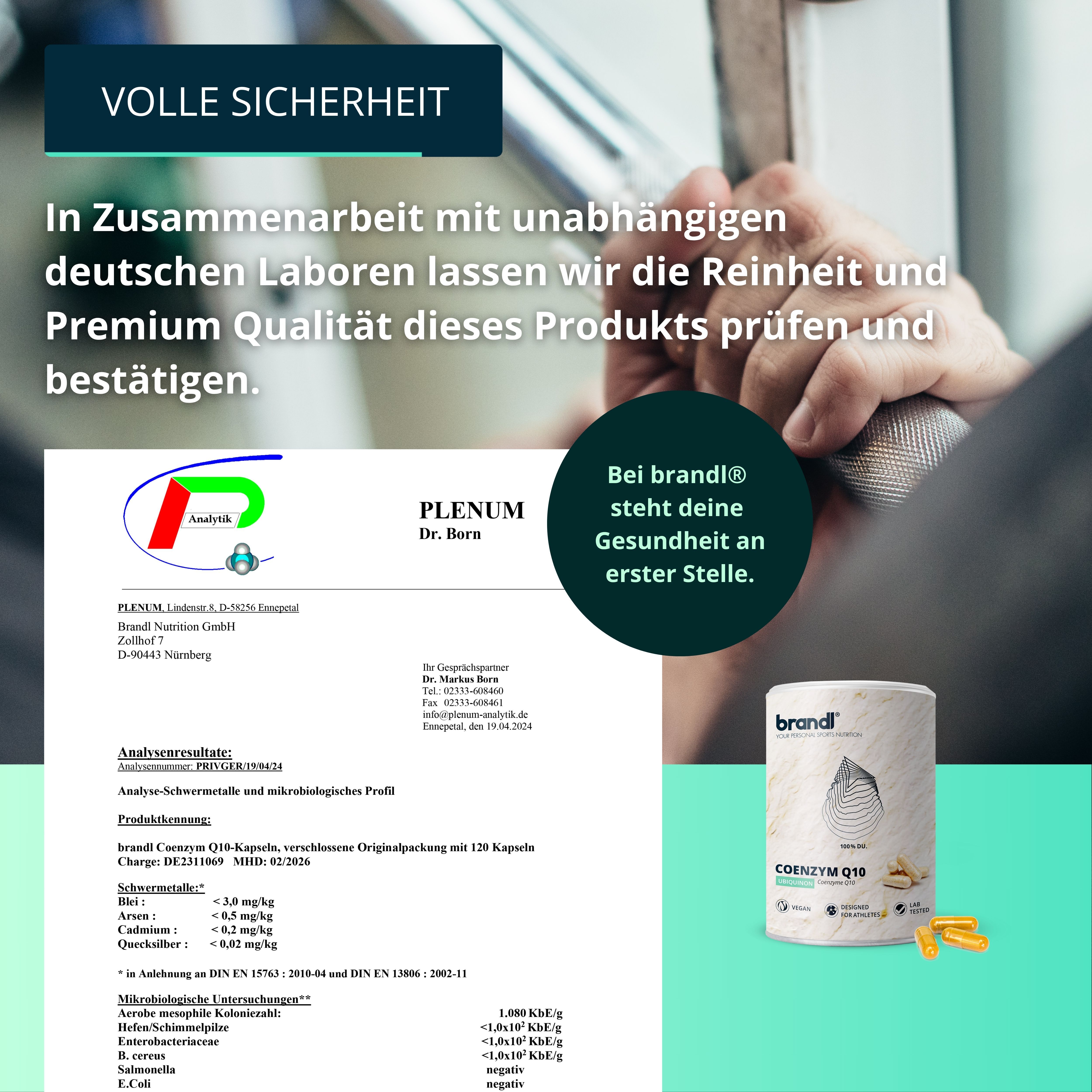 Zertifizierungsbericht und Dose mit "brandl" und "Coenzym Q10". Text: Analyseergebnisse, mikrobiologische Profile. "Premium Qualität".