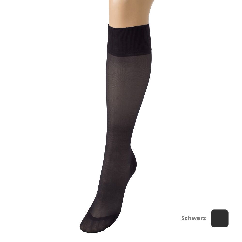 Schwarze Kompressionsstrümpfe am Bein. Schwarzer Bund, transparente Strümpfe. Zehenbereich verstärkt. Farbhinweis: Schwarz.