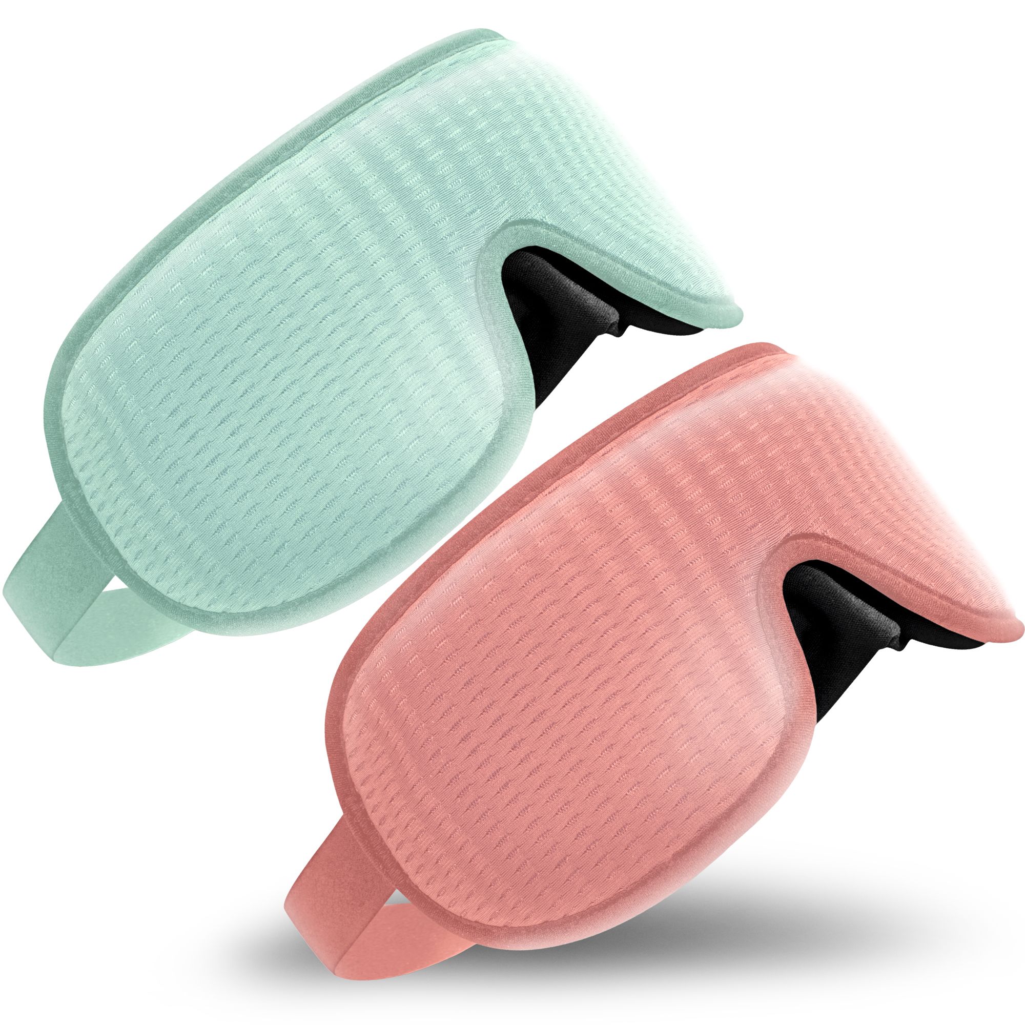 Zwei Schlafmasken, eine in Mintgrün, eine in Rosa. Beide haben eine 3D-Form und ein verstellbares Band.