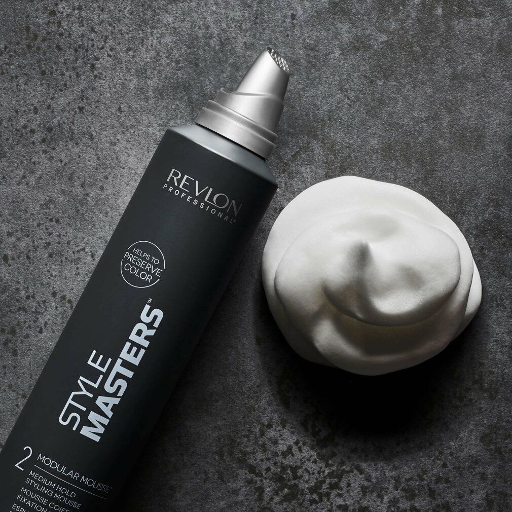 Revlon Style Masters Modular Mousse Flasche und Schaum. Schwarz mit weißem Sprühkopf. Text: Style Masters, Modular Mousse.