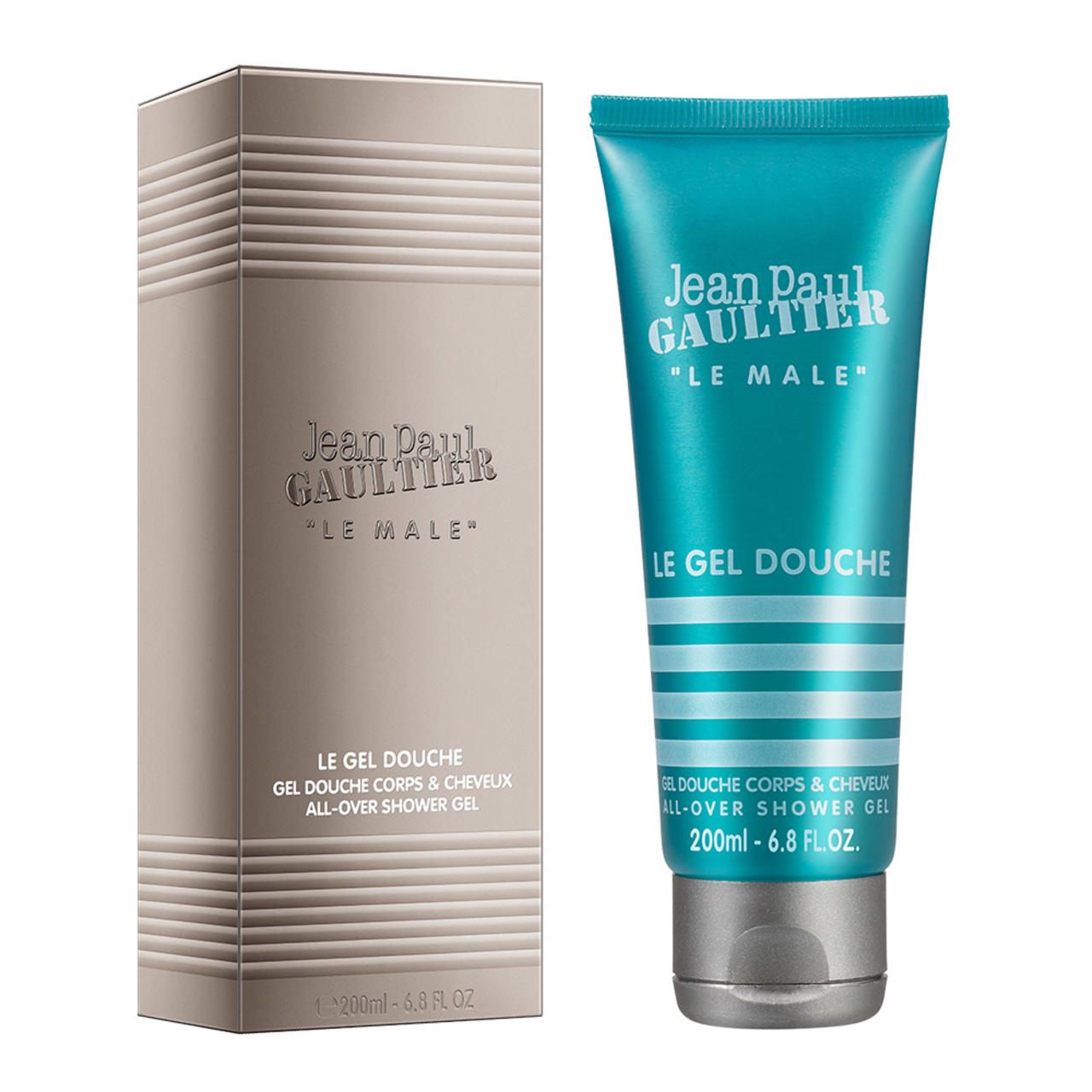 Produktverpackung mit Tube. Tube: Türkis, "Jean Paul Gaultier", "Le Male Le Gel Douche". Box: Beige, Schriftzug.