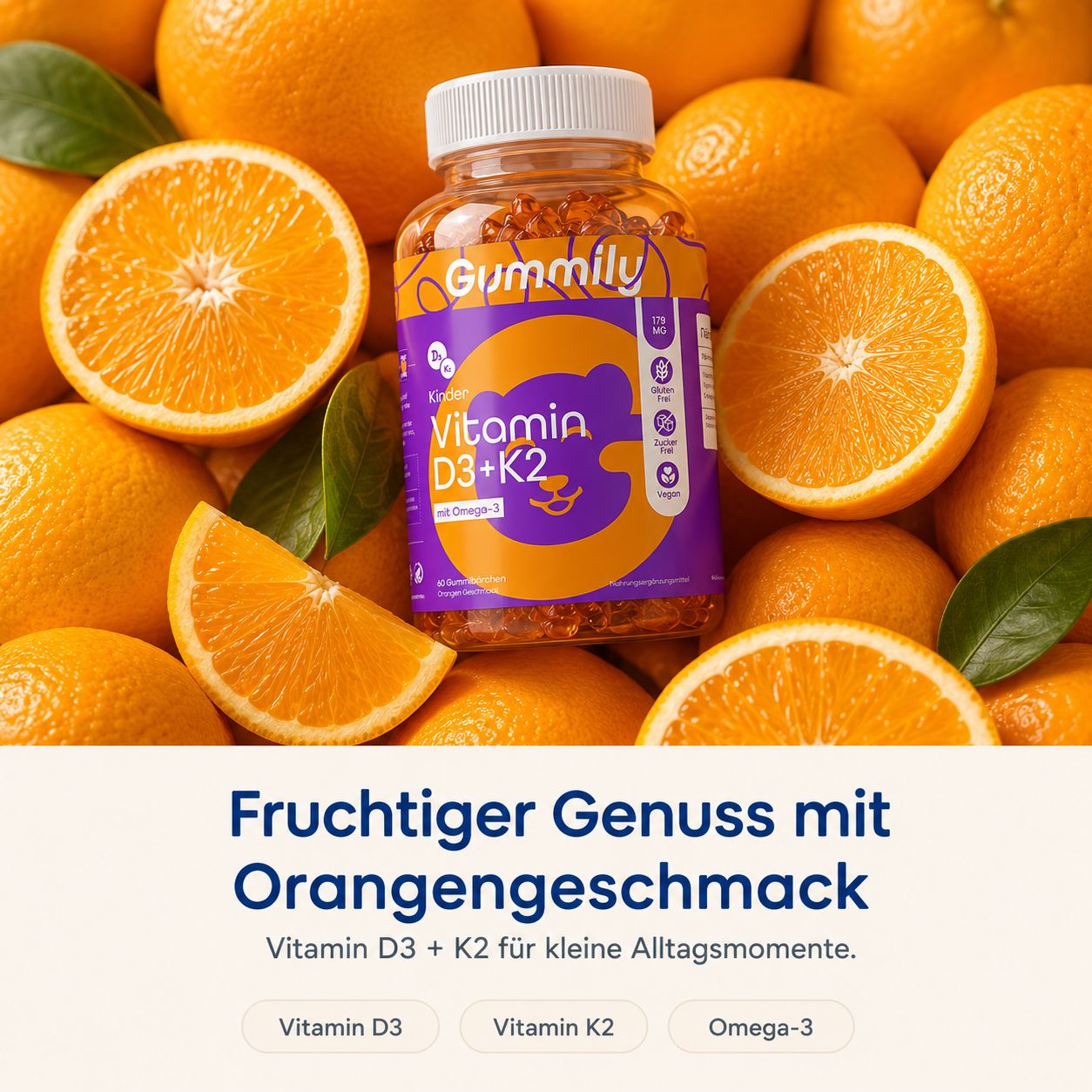 Gummily Kinder Vitamin D3+K2 Gummibärchen mit Orangen und Vitamin-Icons.