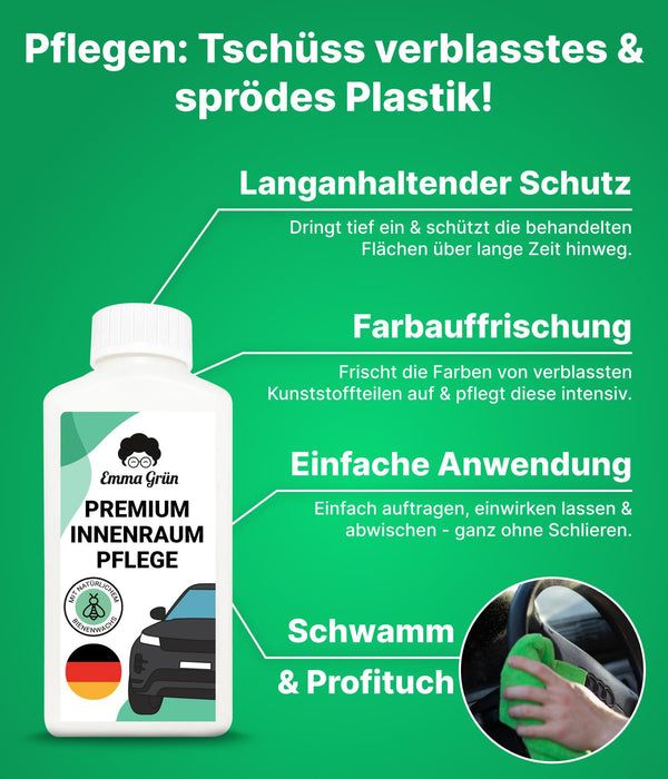 Flasche mit Text. "Emma Grün Premium Innenraum Pflege". Aufschrift: "Pflegen: Tschüss verblasstes & sprödes Plastik!". Grün-weißes Design.