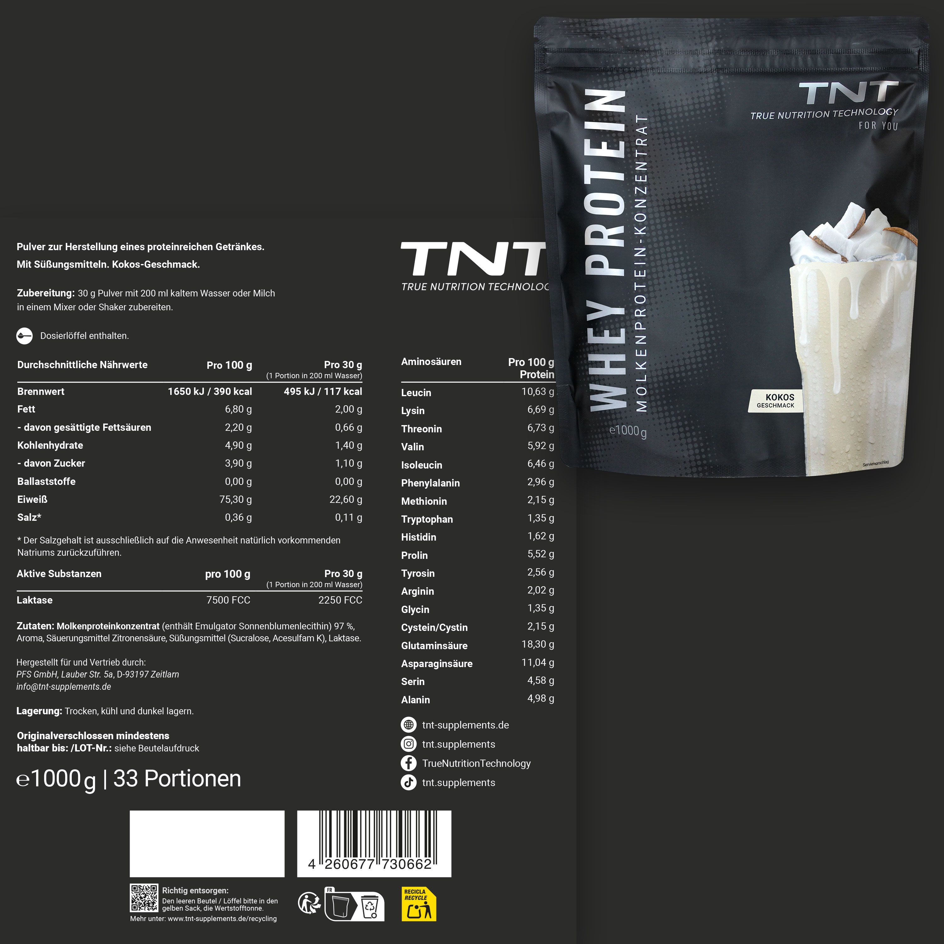 TNT Whey Protein Konzentrat, Kokos-Geschmack. Rückseite der Verpackung mit Nährwertangaben und Zutatenliste.