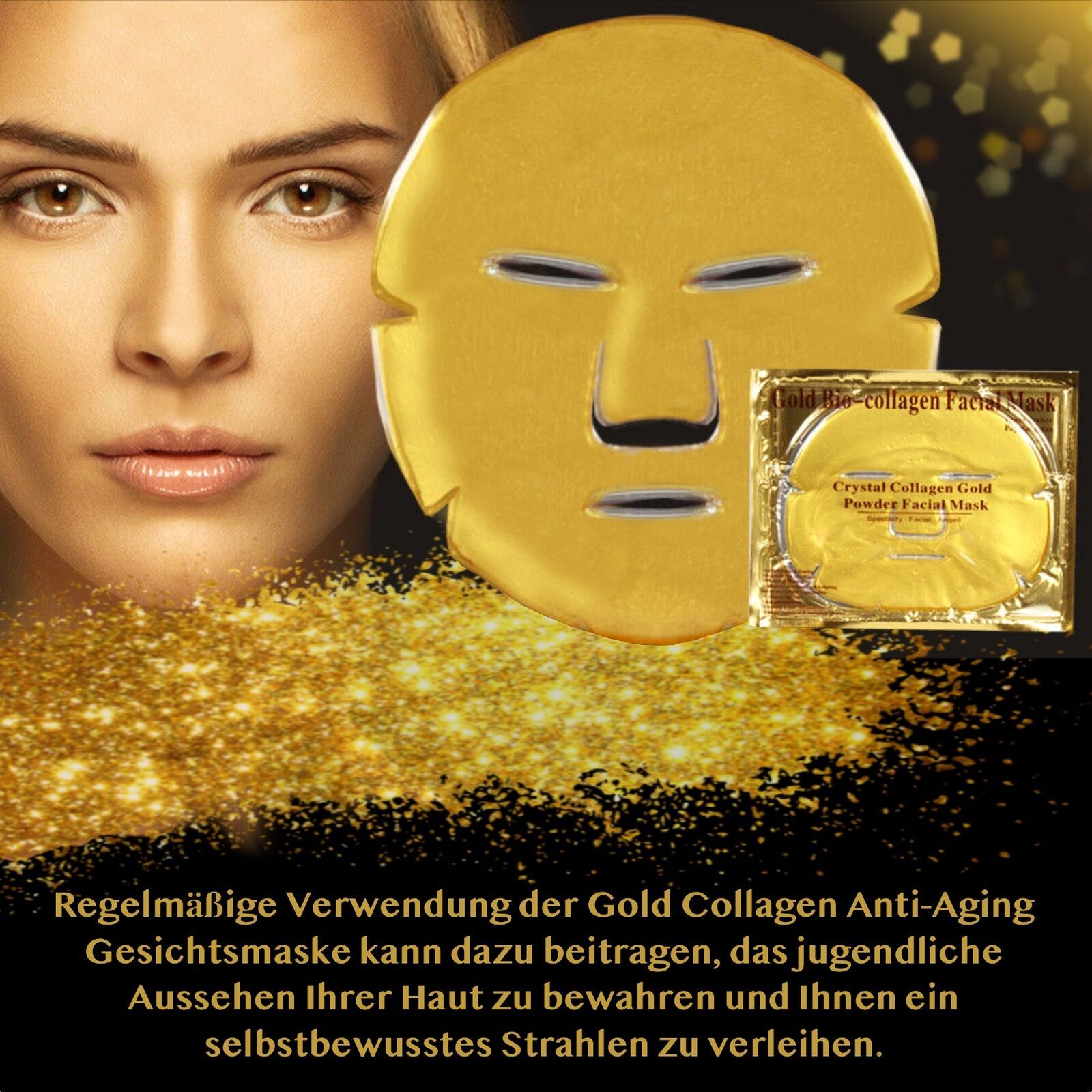 Frau mit Gesichtsmaske und Verpackung. Goldfarbene Maske, Verpackung mit Text: Gold Bio-collagen Facial Mask.