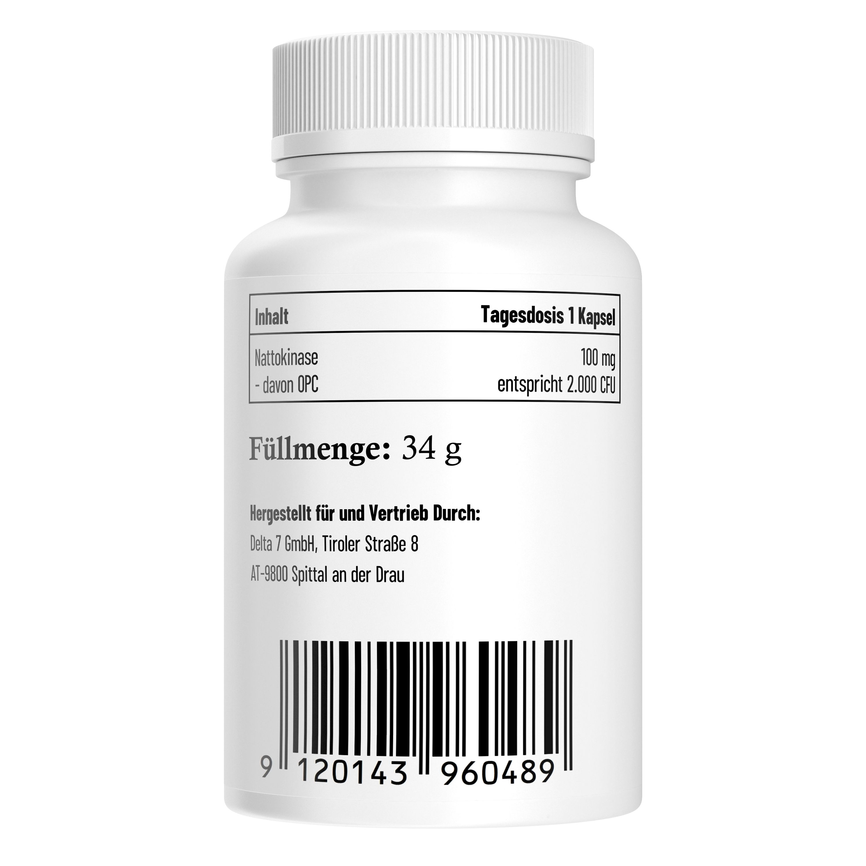 Rückseite einer Nattokinase-Flasche mit Füllmenge und Herstellerangaben.