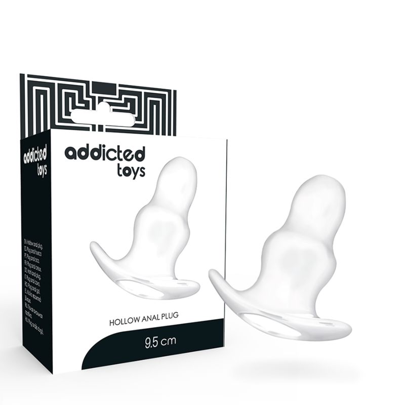 Verpackung mit zwei Anal-Dilatatoren. Marke: Addicted Toys. Produktname: Hollow Anal Plug. Größe: 9,5 cm.