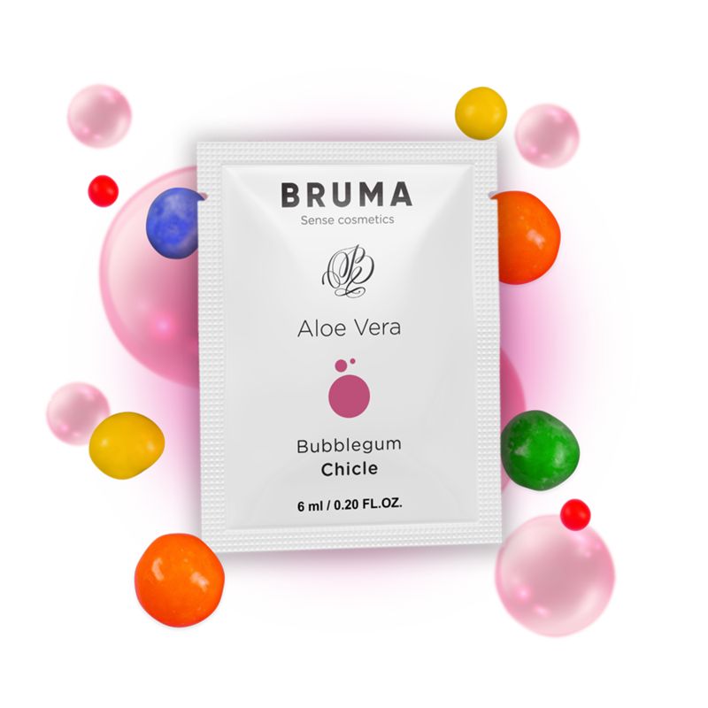 Produktbeutel mit BRUMA, Aloe Vera, Bubblegum Chicle, 6 ml. Umgeben von bunten Kugeln.