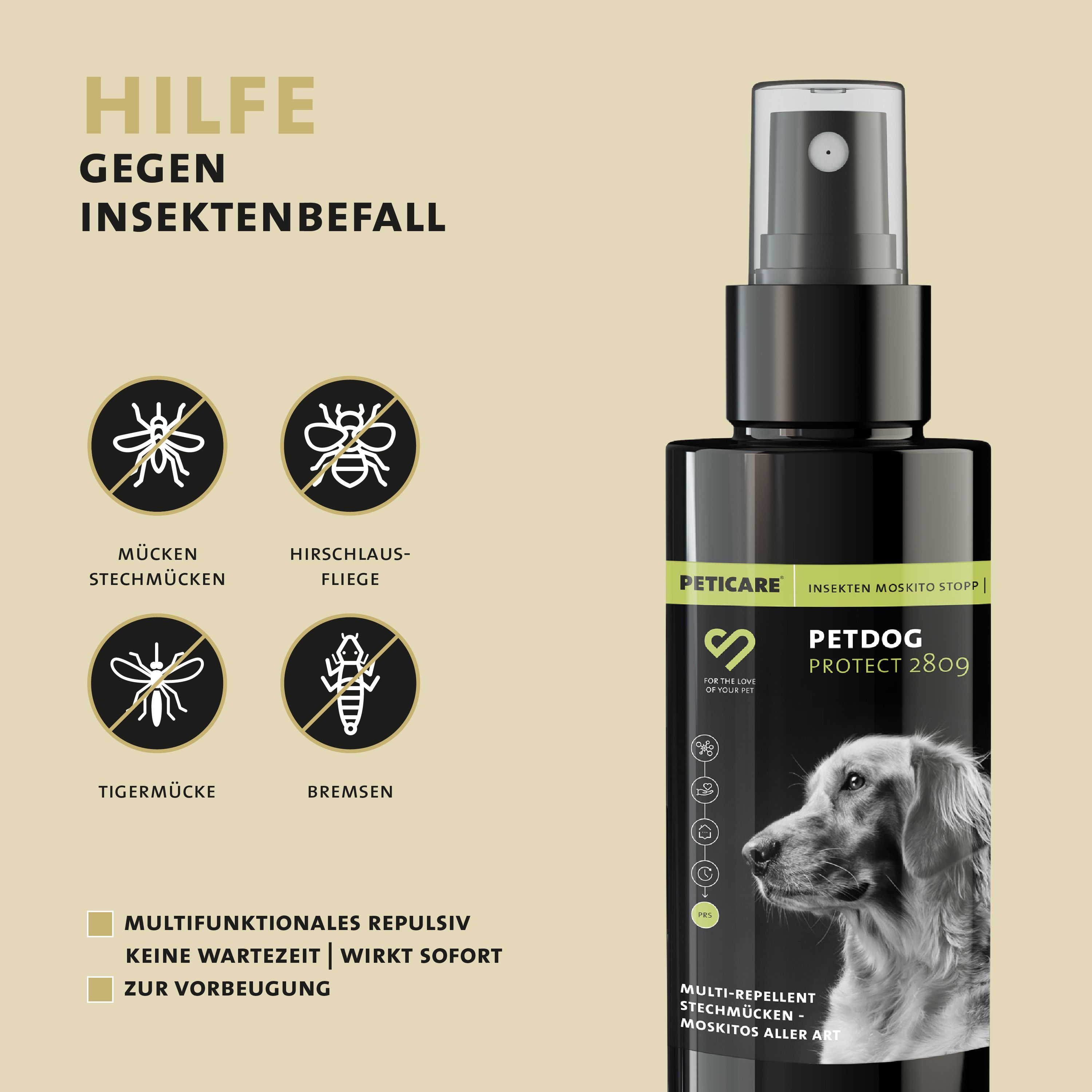 Peticare Anti-Insekten Spray für Hunde gegen Stechmücken Bremsen Mücken Moskito