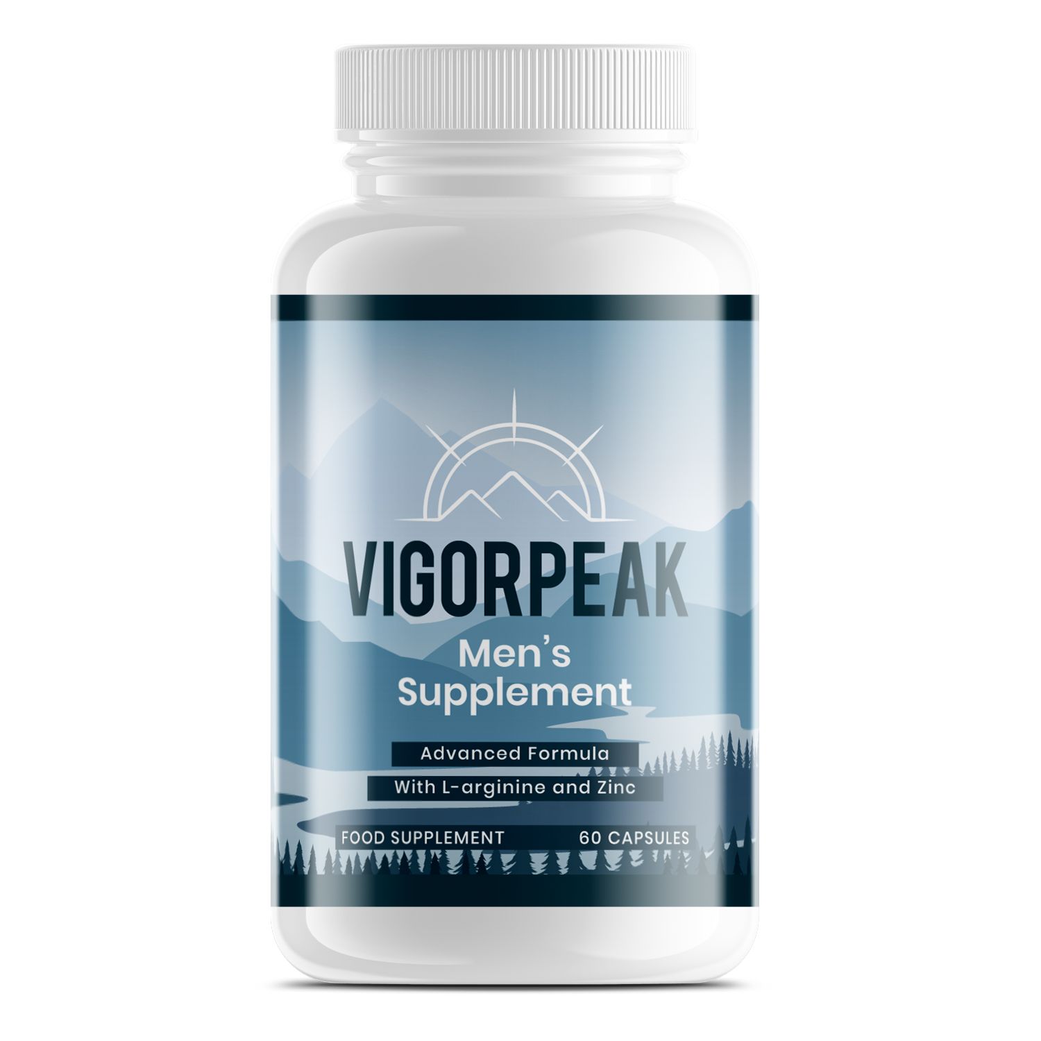 VigorPeak Männer Supplement: Eine weiße Flasche mit blauem Etikett, das Berge und den Produktnamen zeigt.