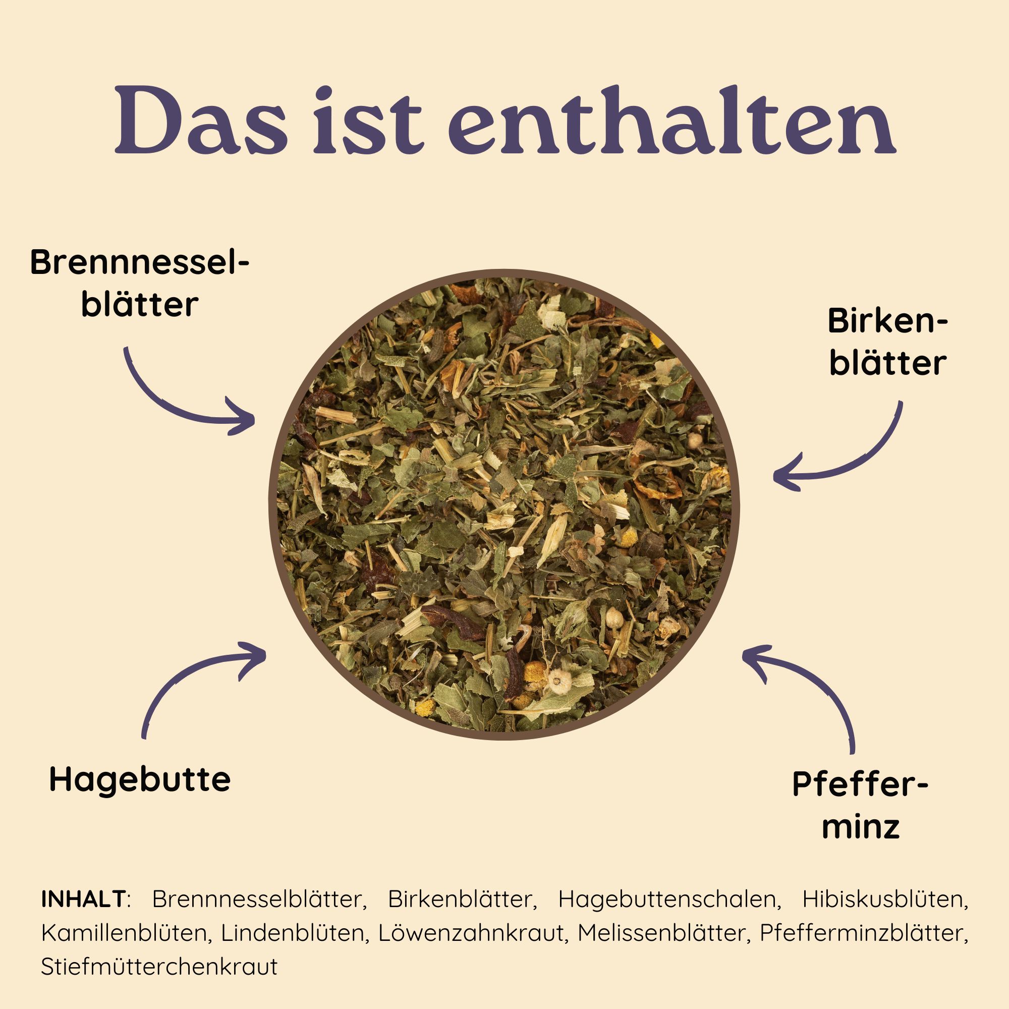 Schüssel mit Kräutermischung. Pfefferminze, Hagebutte, Birkenblätter und Brennnesselblätter.