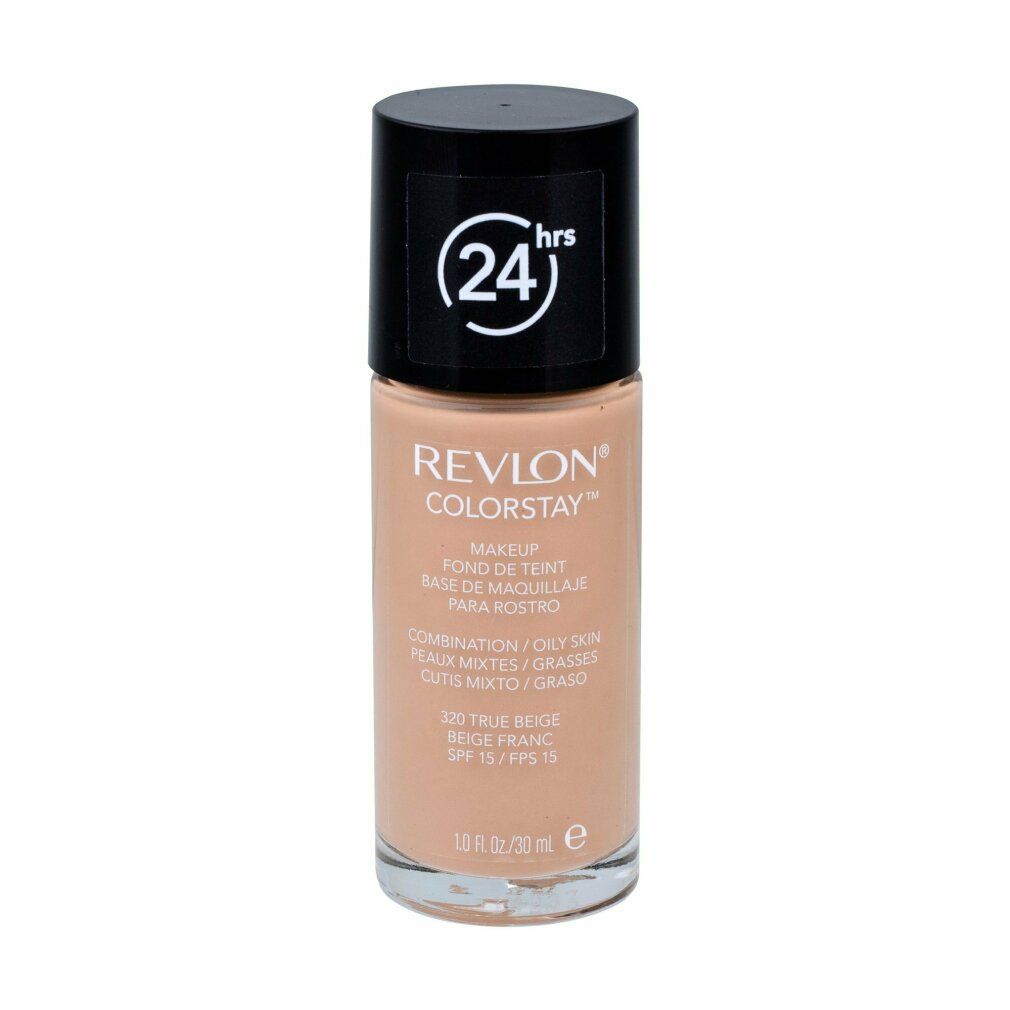 Flüssiges Make-up von Revlon ColorStay. Beige-farbene Flasche mit schwarzem Deckel. Aufschrift: 24 hrs, Makeup, 320 True Beige.