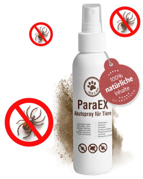 Weiße Sprühflasche mit rotem Anhänger. Text: "ParaEX Akutspray für Tiere". Rote Symbole für Zecken und Insekten.