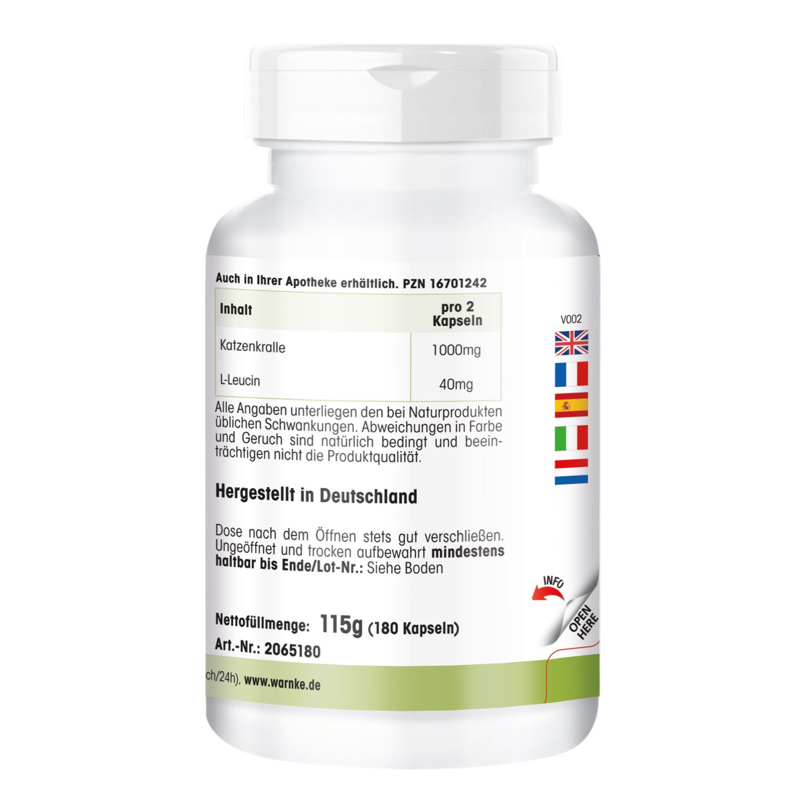 Rückseite der Kapsel-Dose. Text mit Inhaltsangaben pro Kapsel. 'Hergestellt in Deutschland'. Nettogewicht 115g.