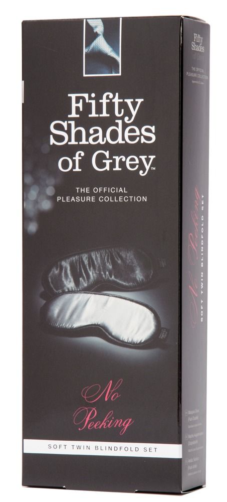 Produktverpackung mit zwei Augenmasken. Fifty Shades of Grey-Logo und 'No Peeking'.