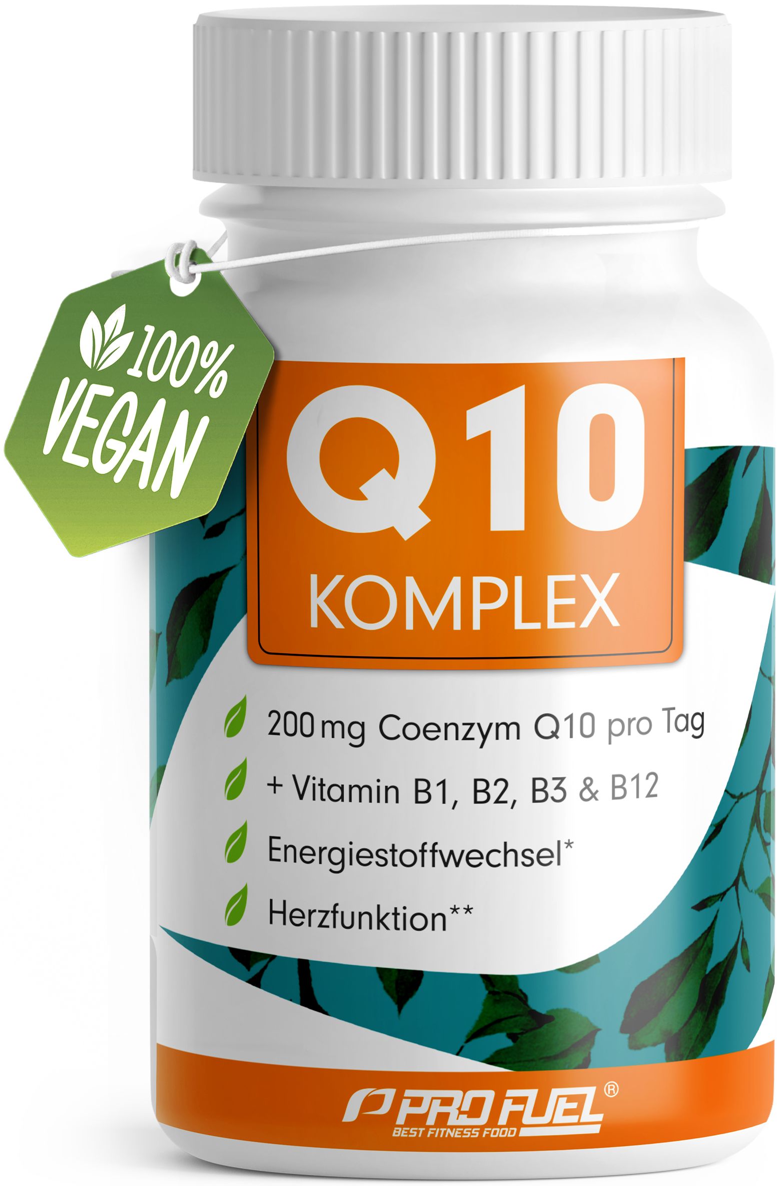 Weiße Flasche mit grünem Etikett. Text: Q10 KOMPLEX, 200mg Coenzym Q10, Vitamin B12. Grünes Vegan-Siegel.
