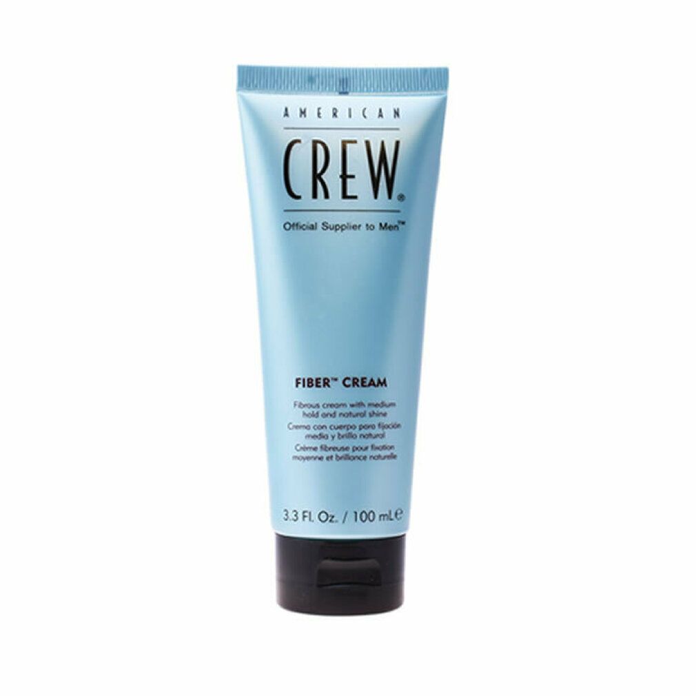 Hellblaue Tube mit schwarzem Deckel. Aufschrift: AMERICAN CREW, FIBER CREAM. Volumen: 100 ml.