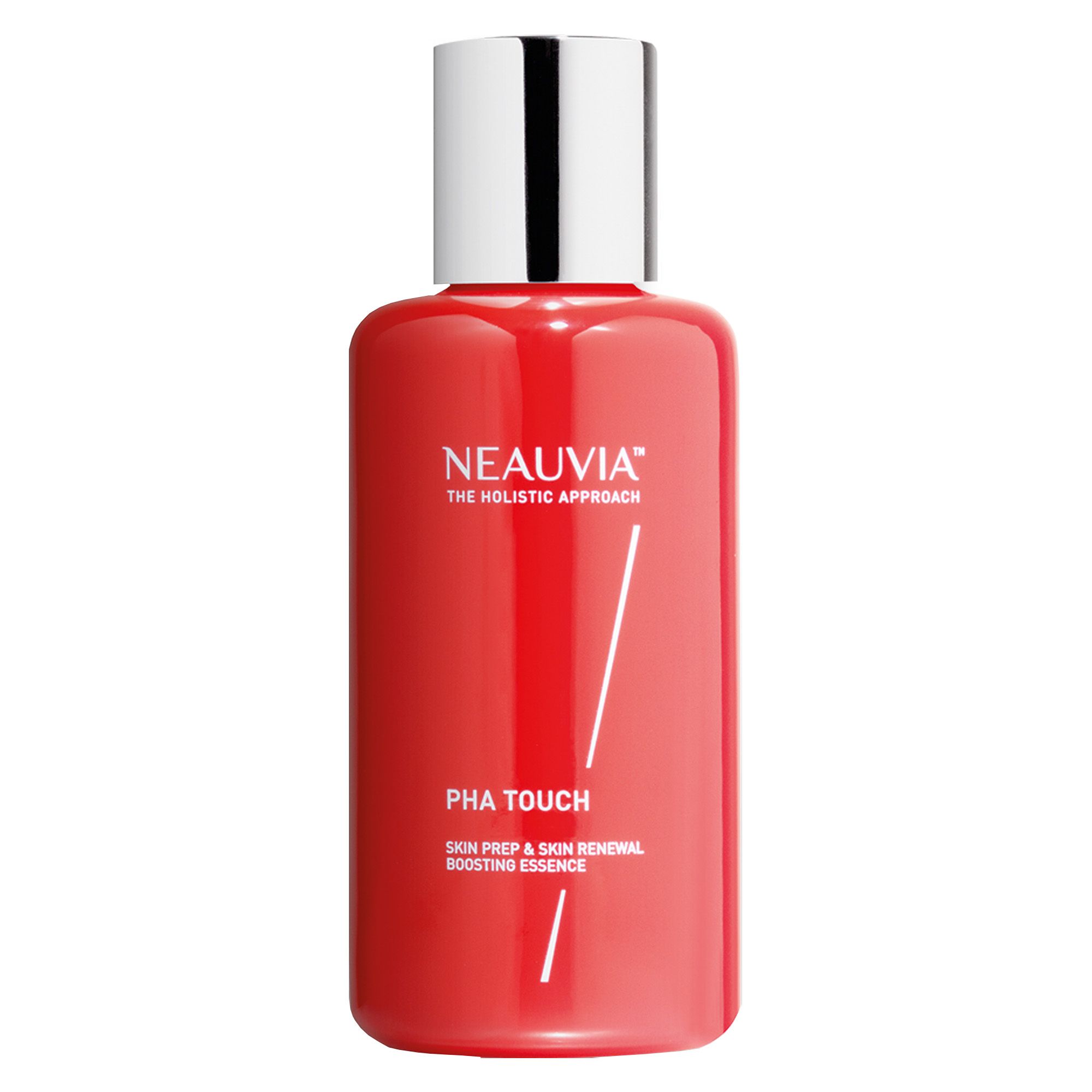 Rote Flasche mit silbernem Deckel. Aufschrift: Neauvia, PHA Touch, Skin Prep & Skin Renewal Boosting Essence.
