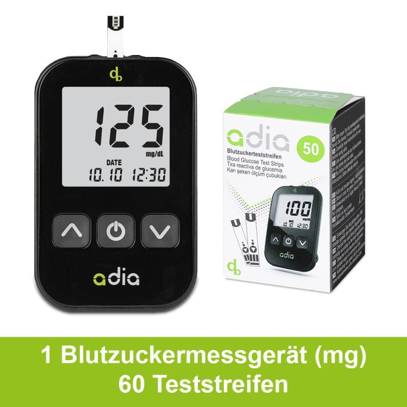 adia Diabetes-Set, mg/dl mit 60 Blutzuckerteststreifen, Stechhilfe, Lanzetten