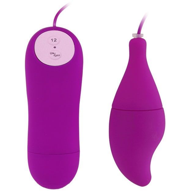 Lila Vibrator mit Fernbedienung. Die Fernbedienung hat 12 Stufen und Ein/Aus-Knopf.
