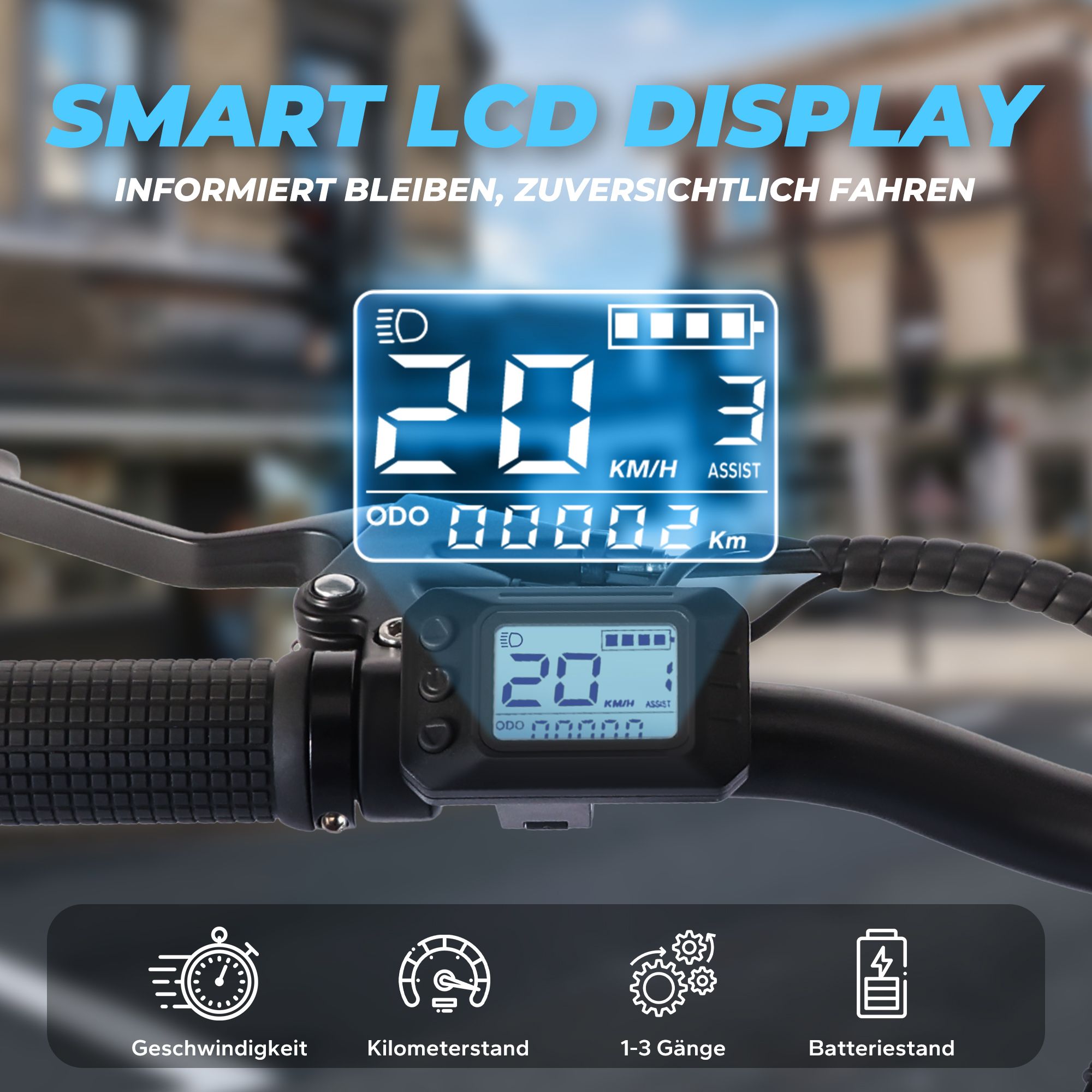 E-Bike-Display mit Geschwindigkeit, Kilometerstand, Gängen und Batteriestand. 20 km/h.