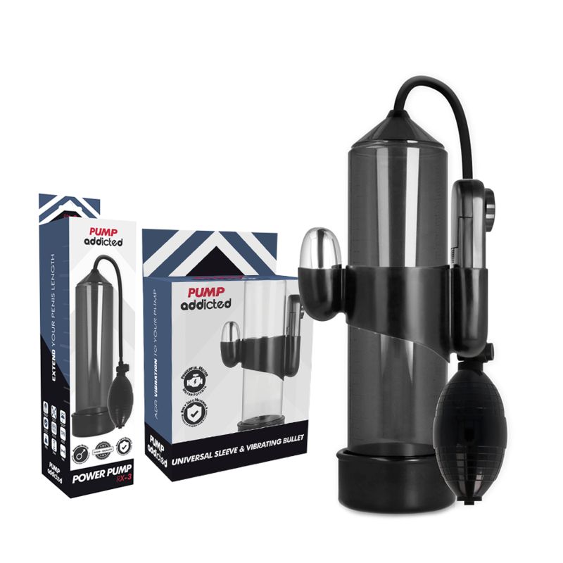 Schwarze Penispumpe mit Zylinder, Pumpe und Schlauch. Zwei Verpackungen mit Produktabbildungen und Text: Pump Addicted.