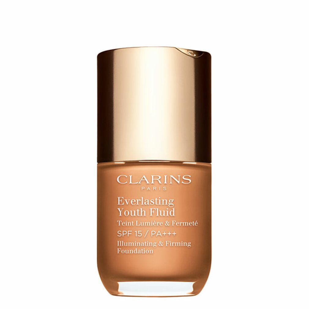 Clarins Everlasting Youth Fluid Foundation in einem Glasflakon mit goldenem Verschluss. SPF 15/PA+++.