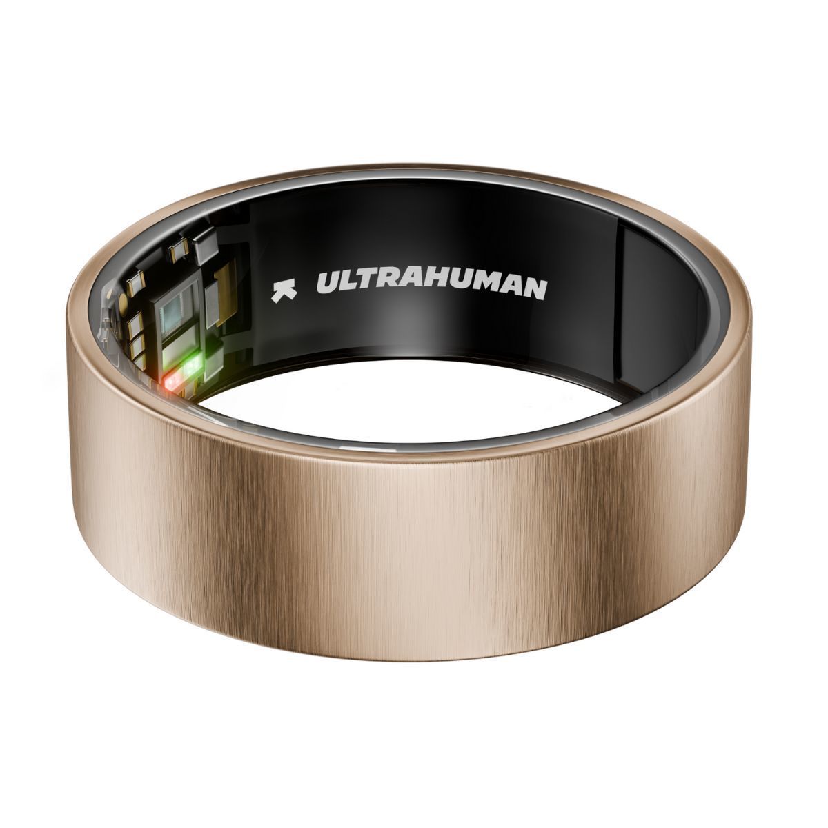 Goldfarbener Ring. Innenliegend: Elektronik, Schriftzug ULTRAHUMAN. Grün-rotes Licht.