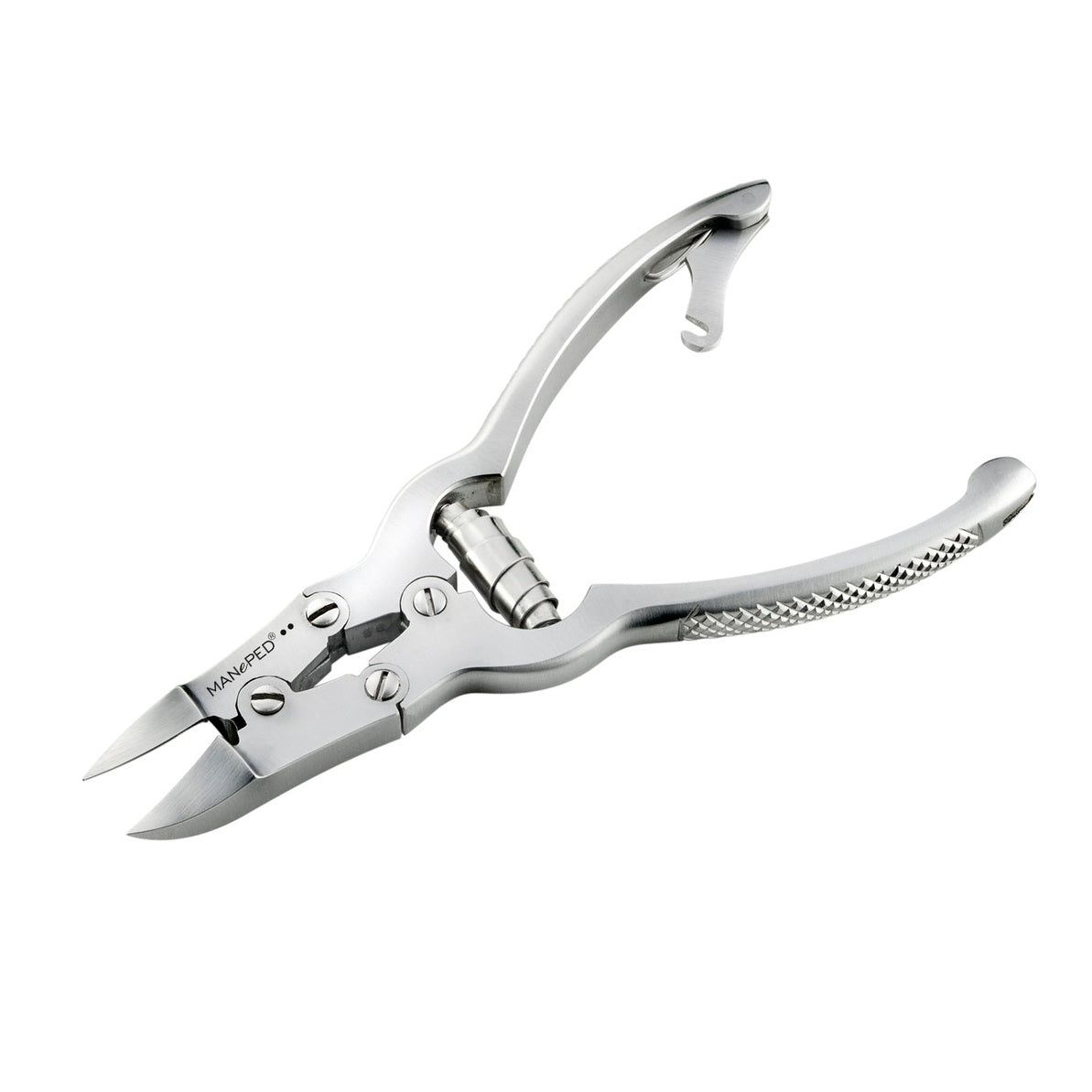 Nagelzange mit Doppelgetriebe. Silberfarbenes Metall. MANePED-Logo. Geöffnete Ansicht.