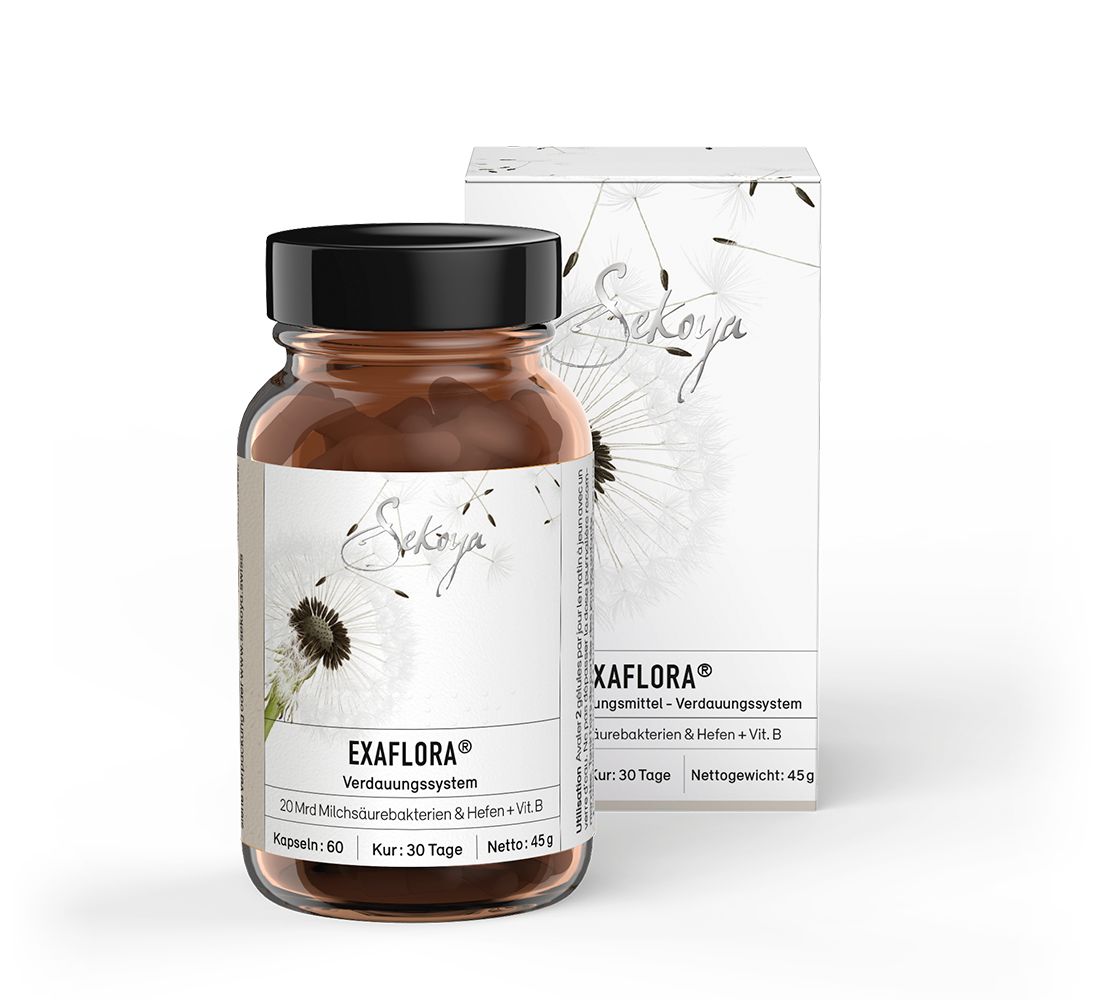 Braune Glasflasche und Karton mit Sekoya Exaflora. Kapseln und Verpackung mit Produktinformationen. 60 Kapseln, 45g.