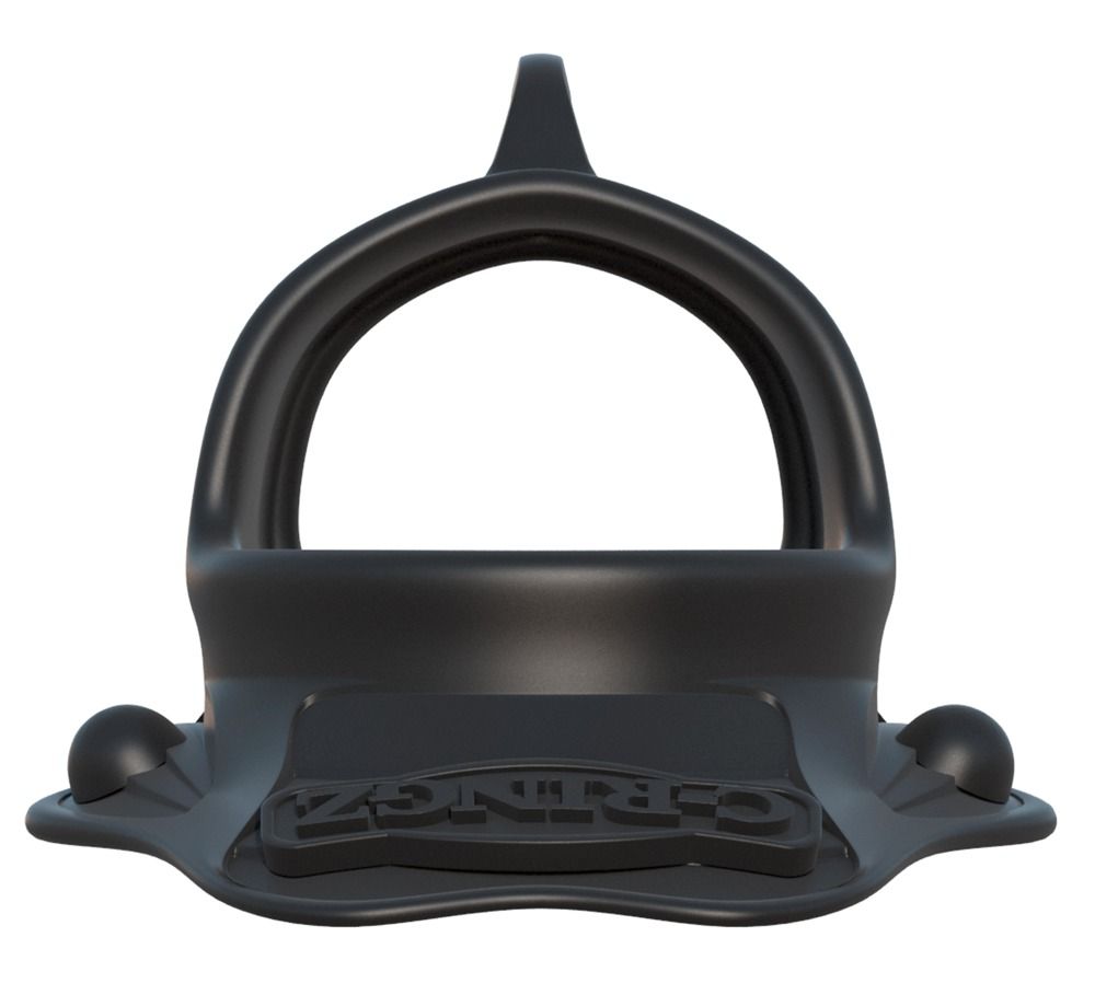 Schwarzer C-Ringz-Ball-Stretcher. Ringförmig mit Basis und zwei Kugeln. Logo "C-RINGZ" auf der Basis.