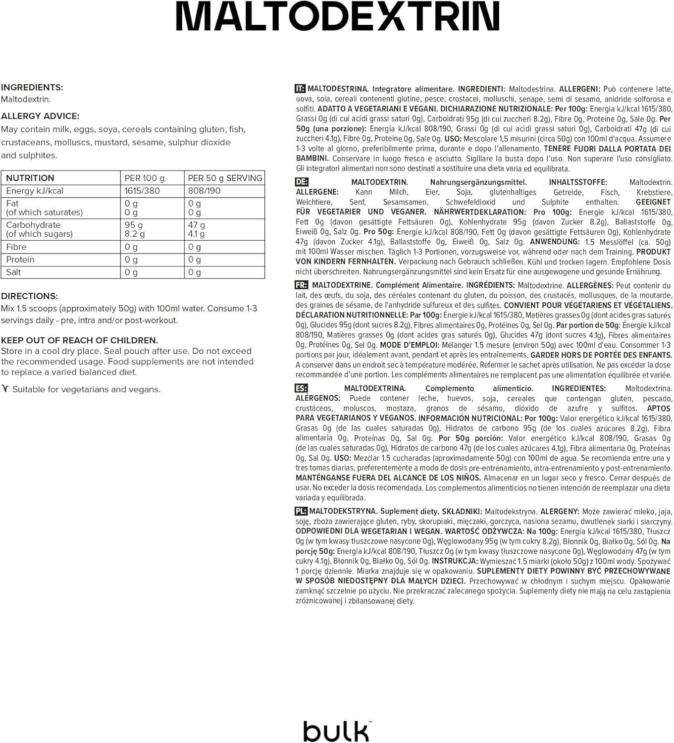Textseite mit Informationen zu Maltodextrin. Enthält Angaben zu Inhaltsstoffen, Nährwerten und Allergenen. Mit "bulk"-Logo.