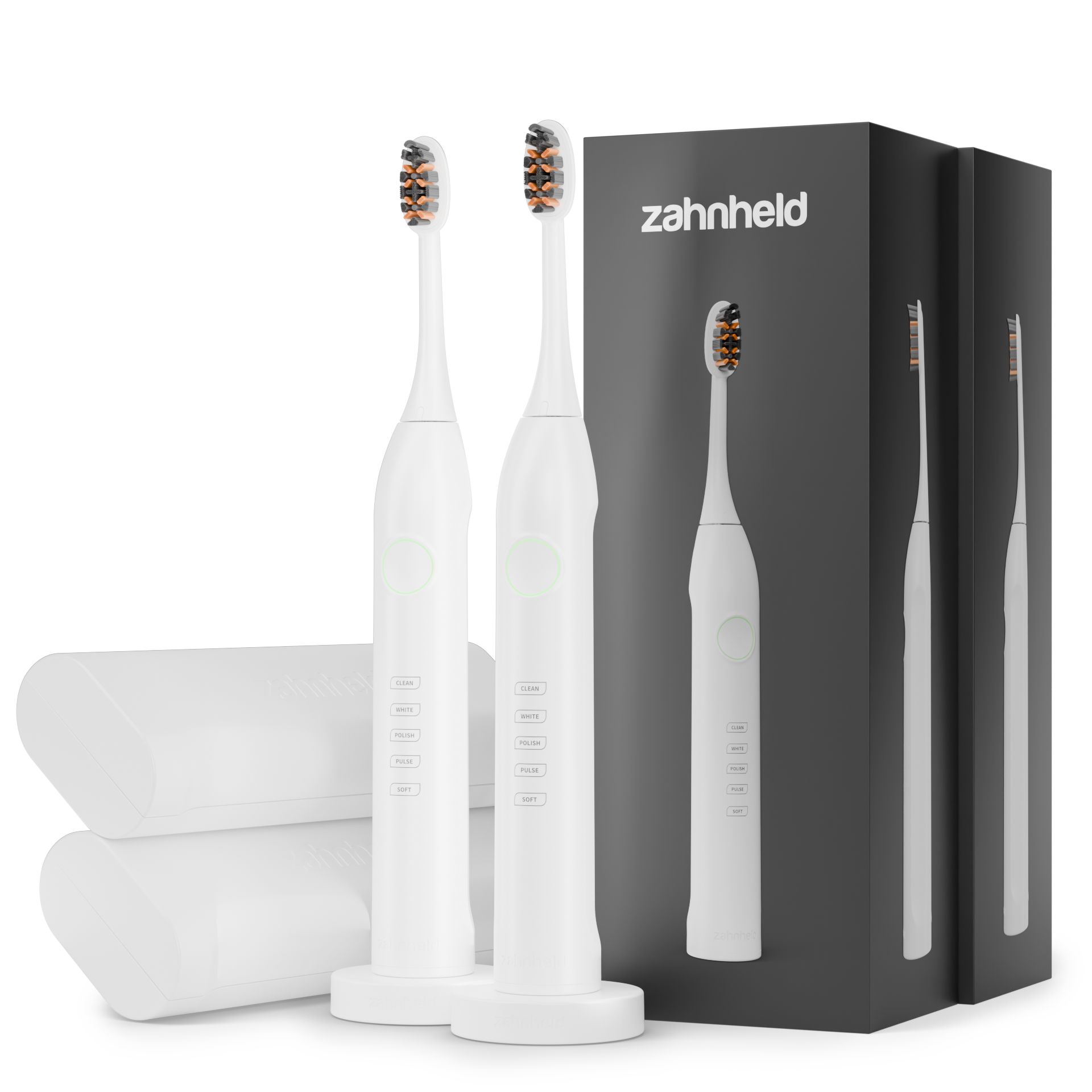 Zwei weiße Zahnbürsten und eine Verpackung. Text: Zahnheld.